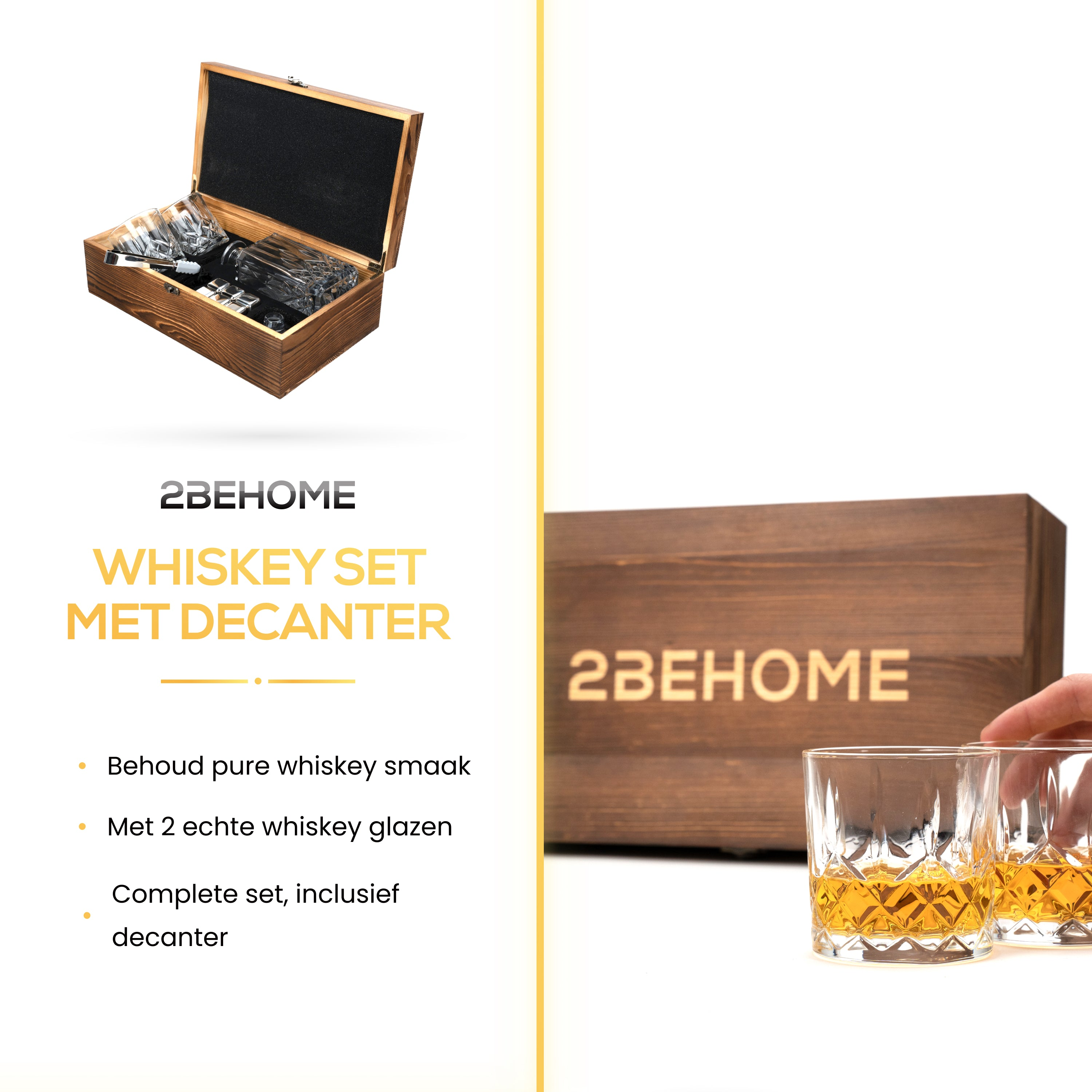Ensemble de whisky avec carafe et verres dans une boîte en bois. Le texte sur la boîte indique '2BEHOME'.