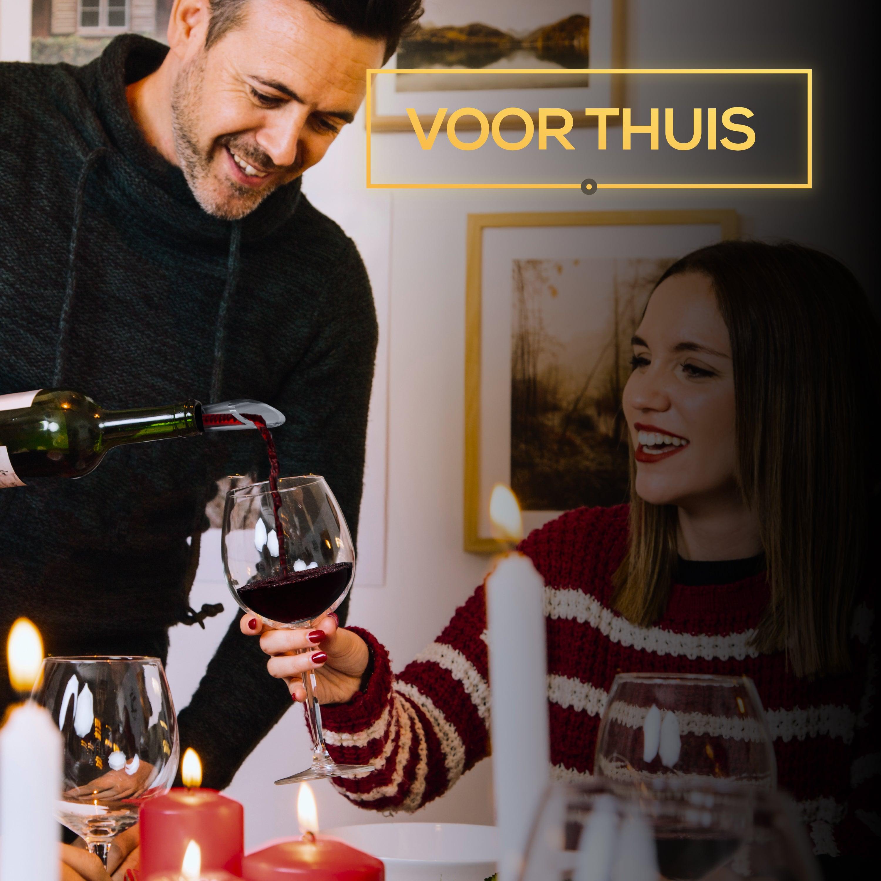 A man pouring red wine into a glass for a smiling woman at a table.