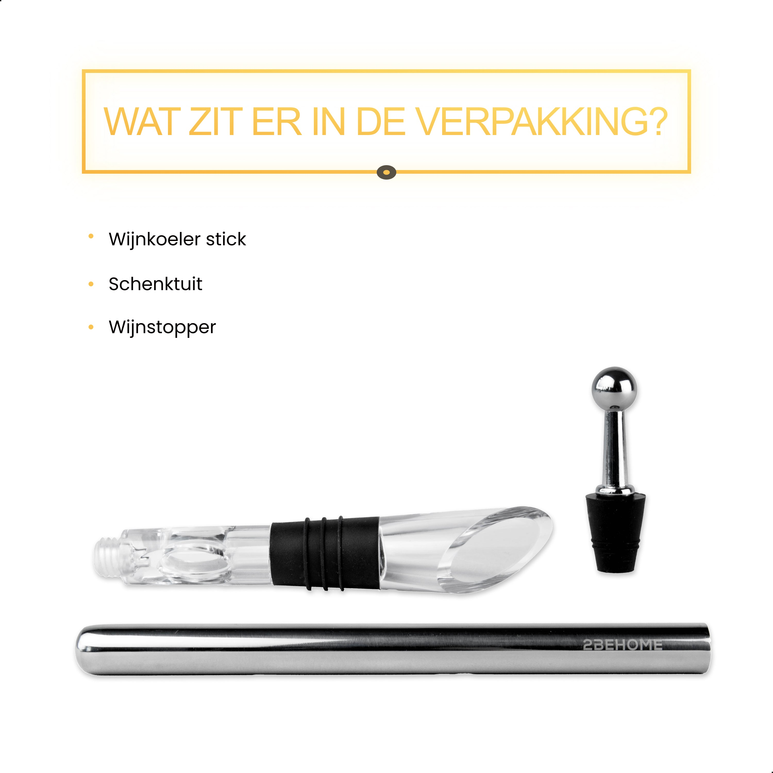 Wine accessories: a wine cooler stick, a pour spout, and a wine stopper, all on a white surface.