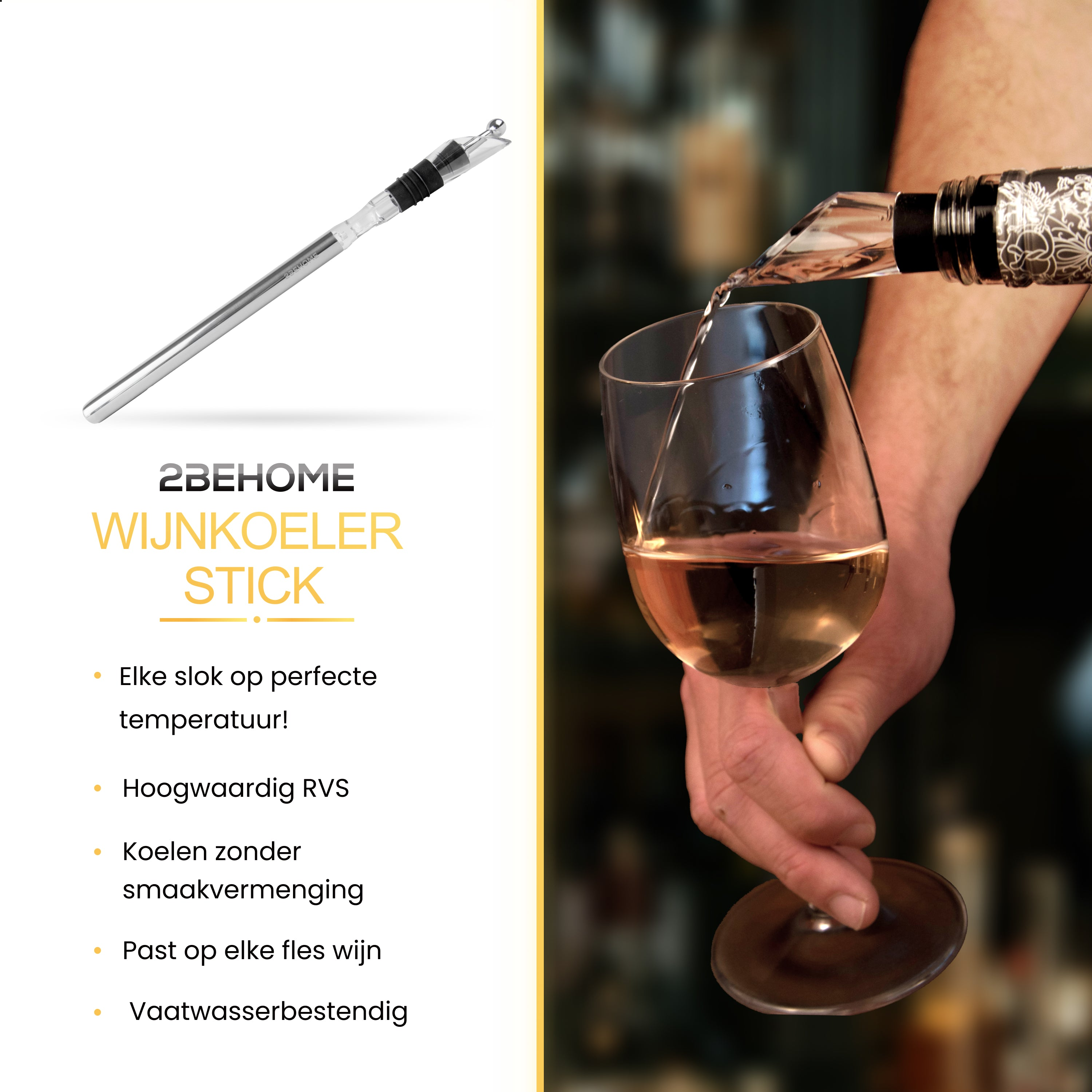 Wine being poured into a glass with a wine cooler stick.