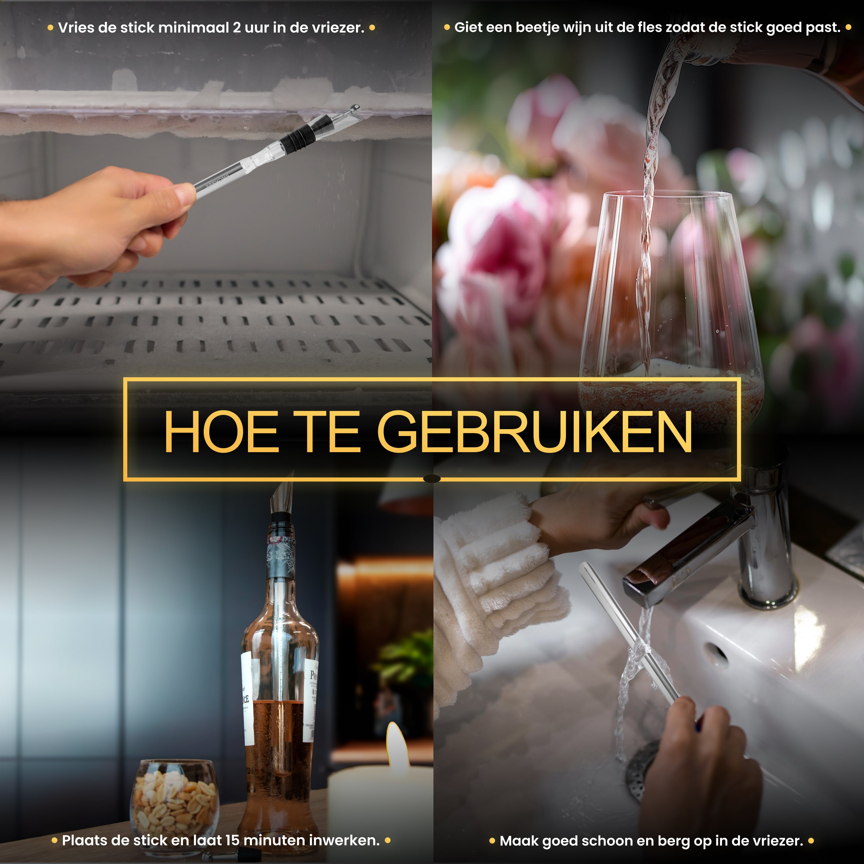 A four-panel image demonstrating how to use a product, with text instructions.