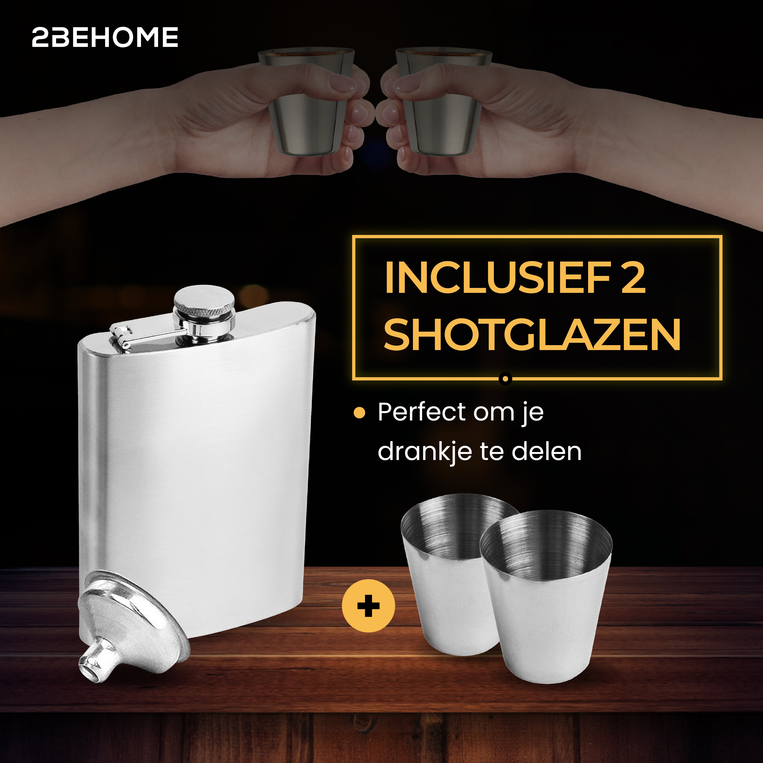 A flask, two shot glasses, and hands holding shot glasses.