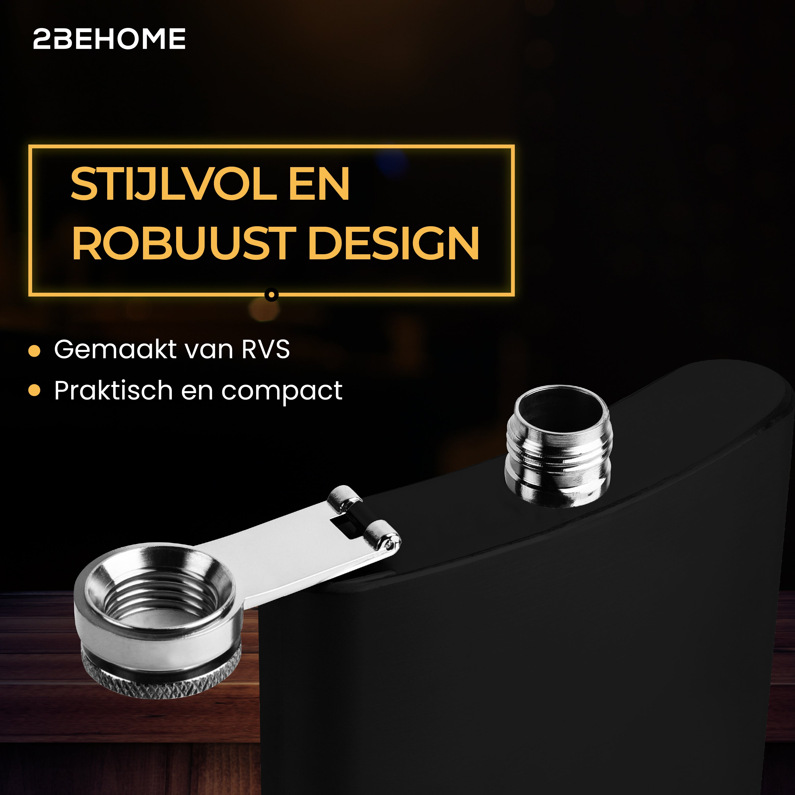 Black flask with stainless steel accents. Text on the top: stylish and robust design.
