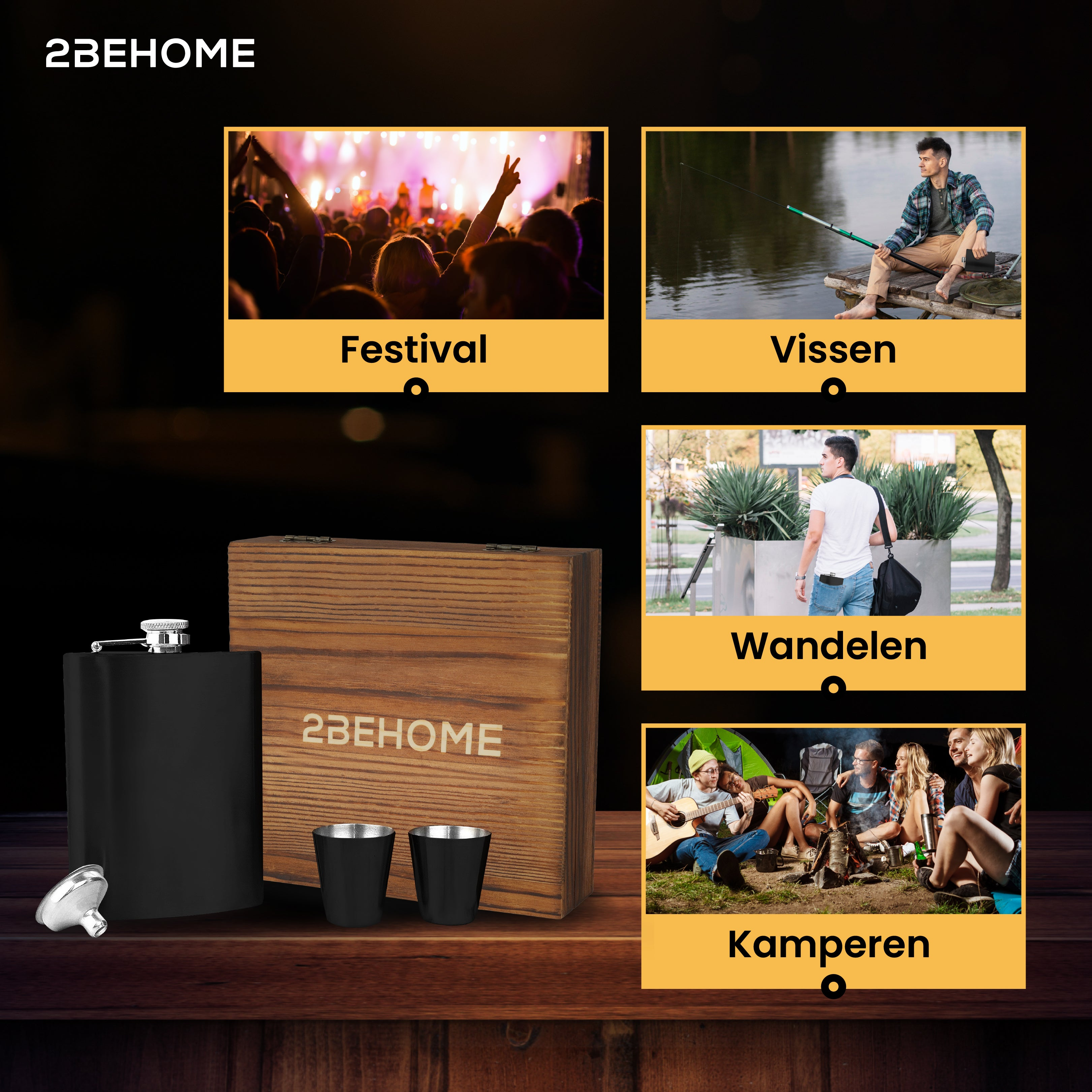 A wooden box with a flask and shot glasses, plus images of various outdoor activities.