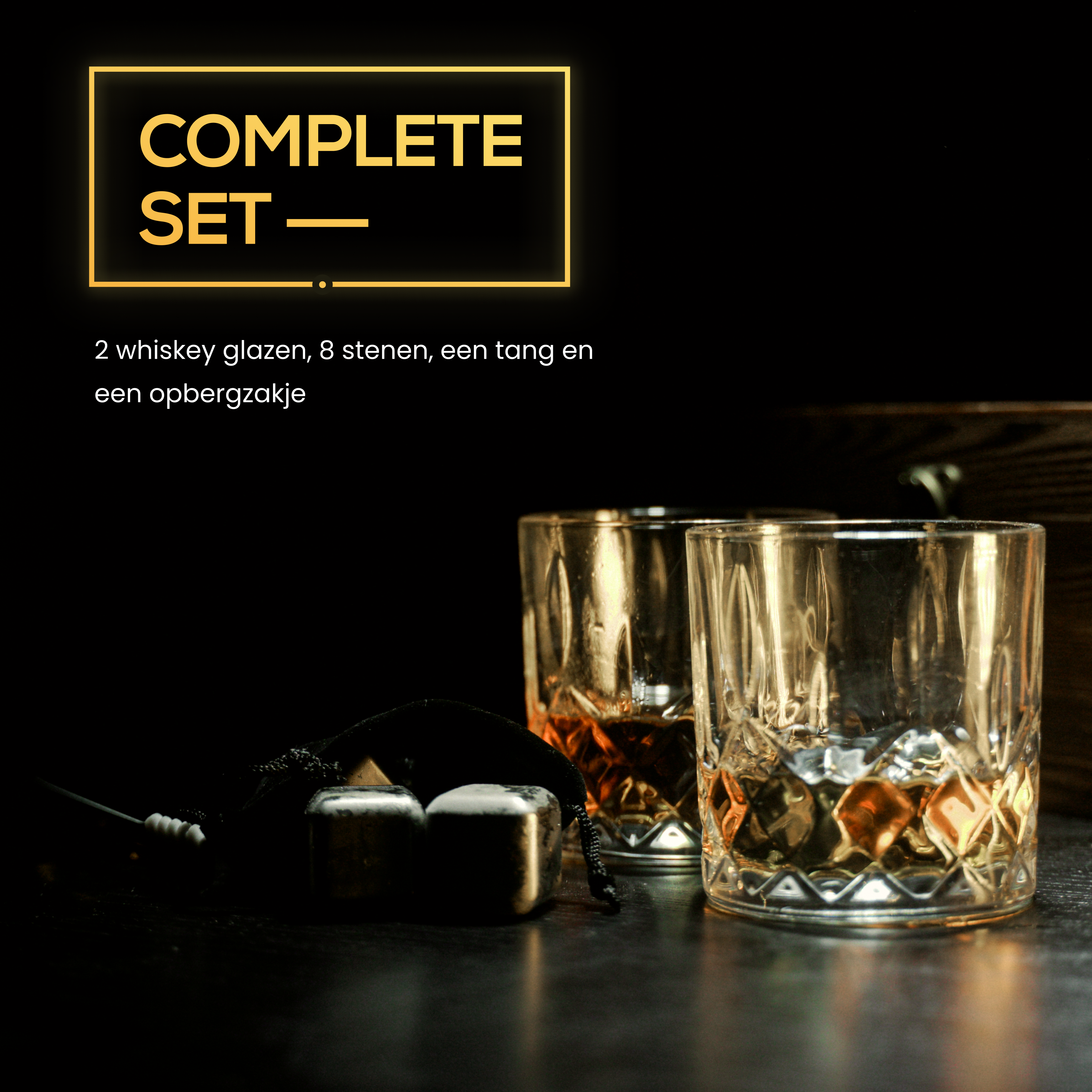 Whiskey glasses and stones with text: COMPLETE SET.