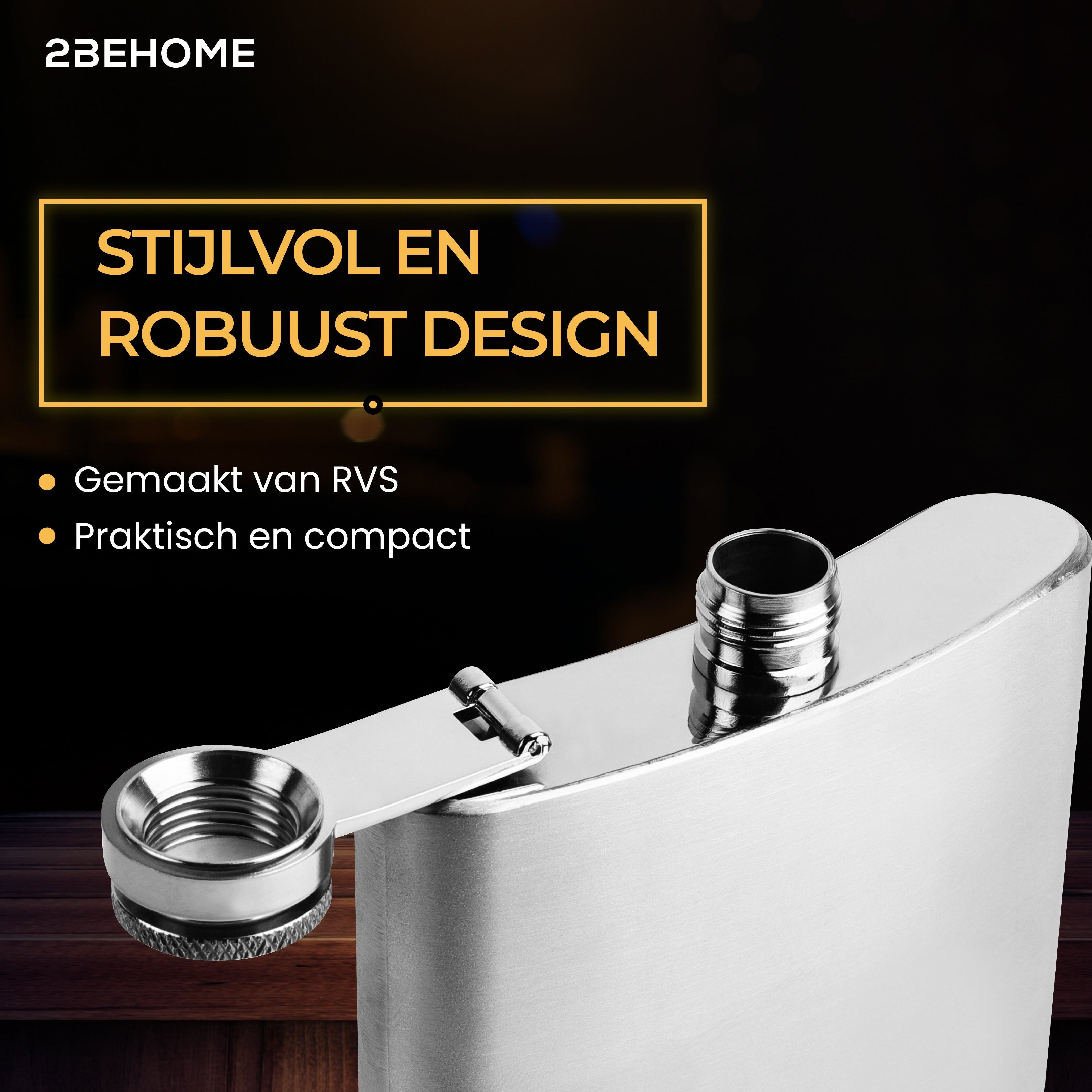 A silver flask with a cap, text in Dutch reads: Stylish and Robust Design.