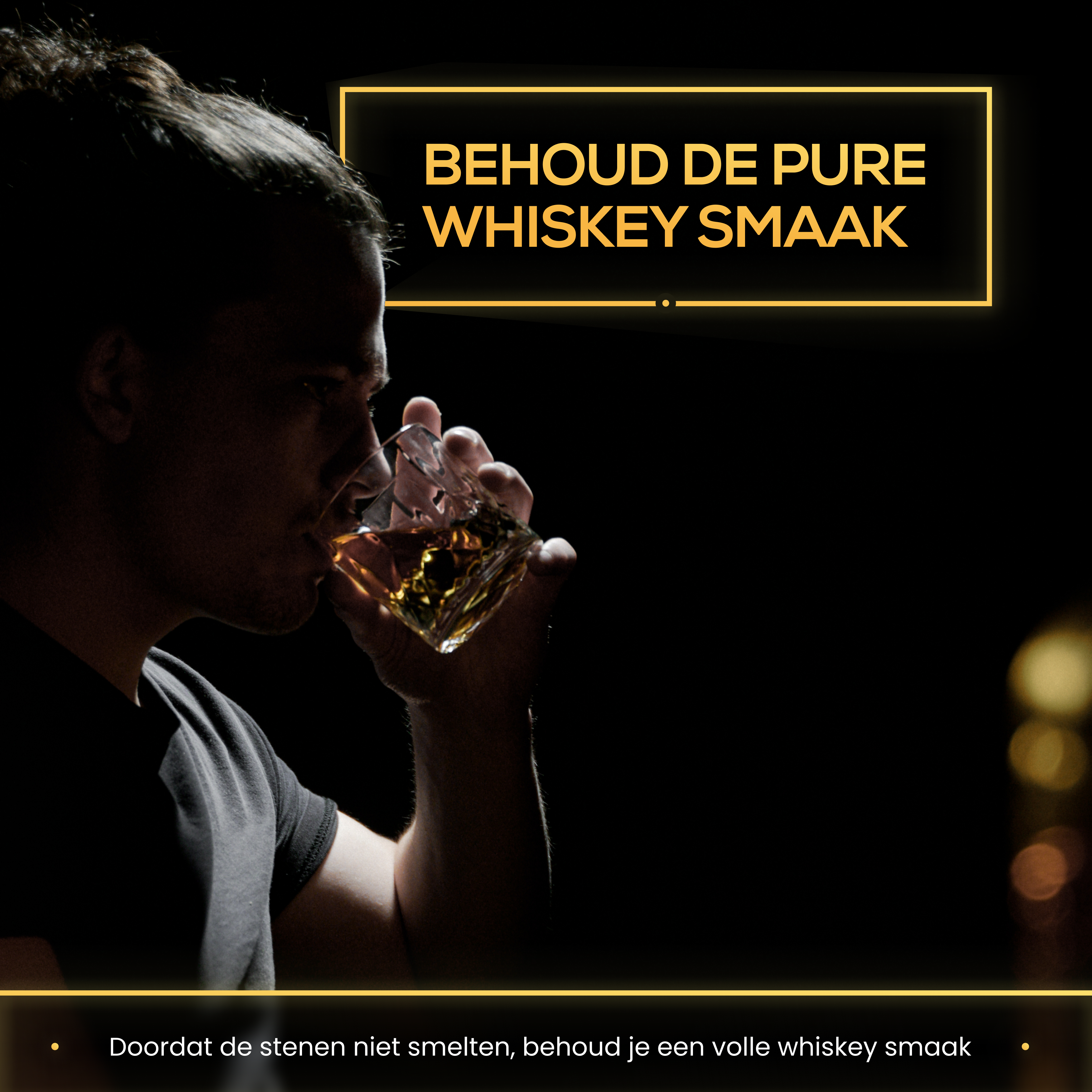 Man drinks whiskey from a glass. Text says, 'Keep the pure whiskey taste'.