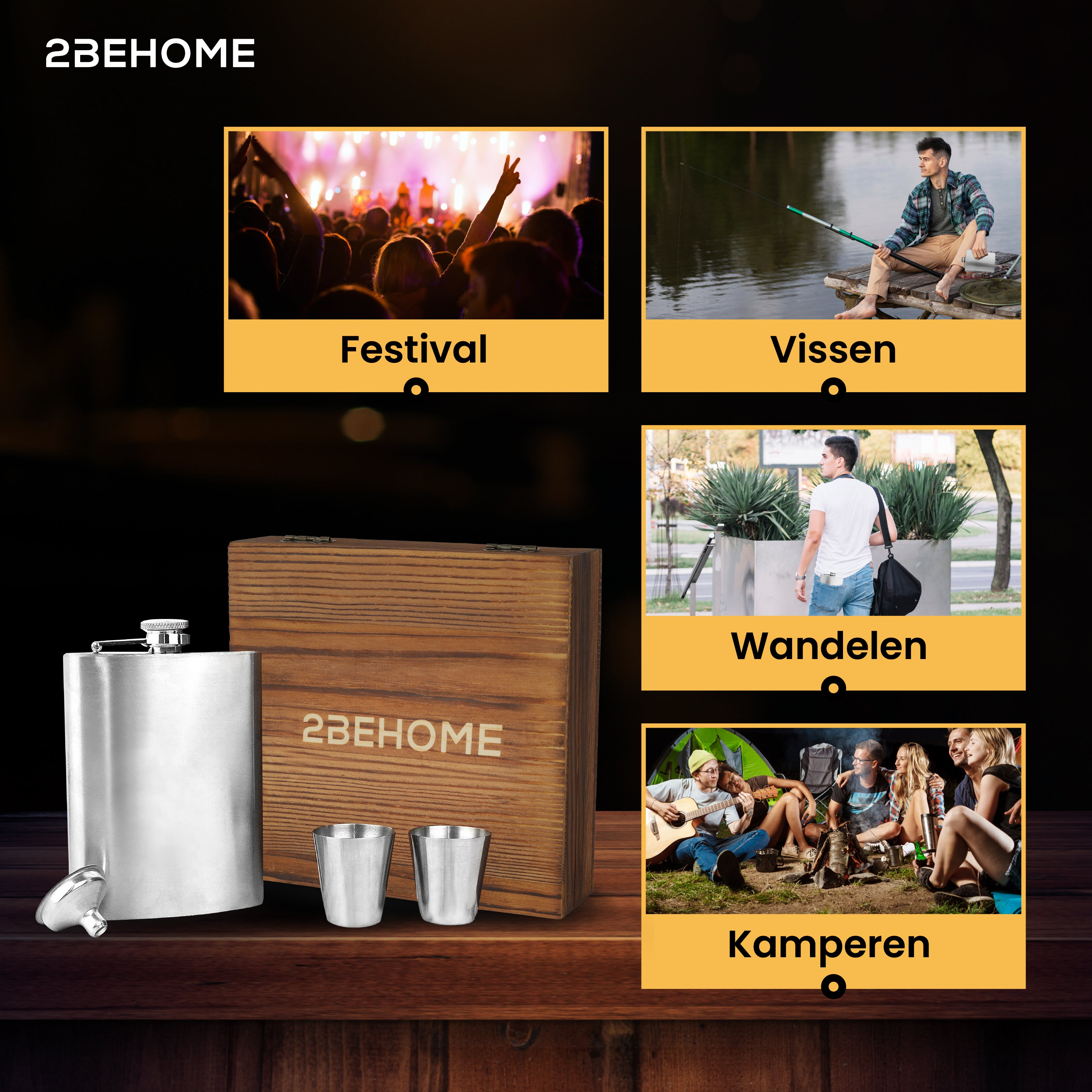 A wooden box with a hip flask, two cups, and images of activities: festival, fishing, hiking, camping.