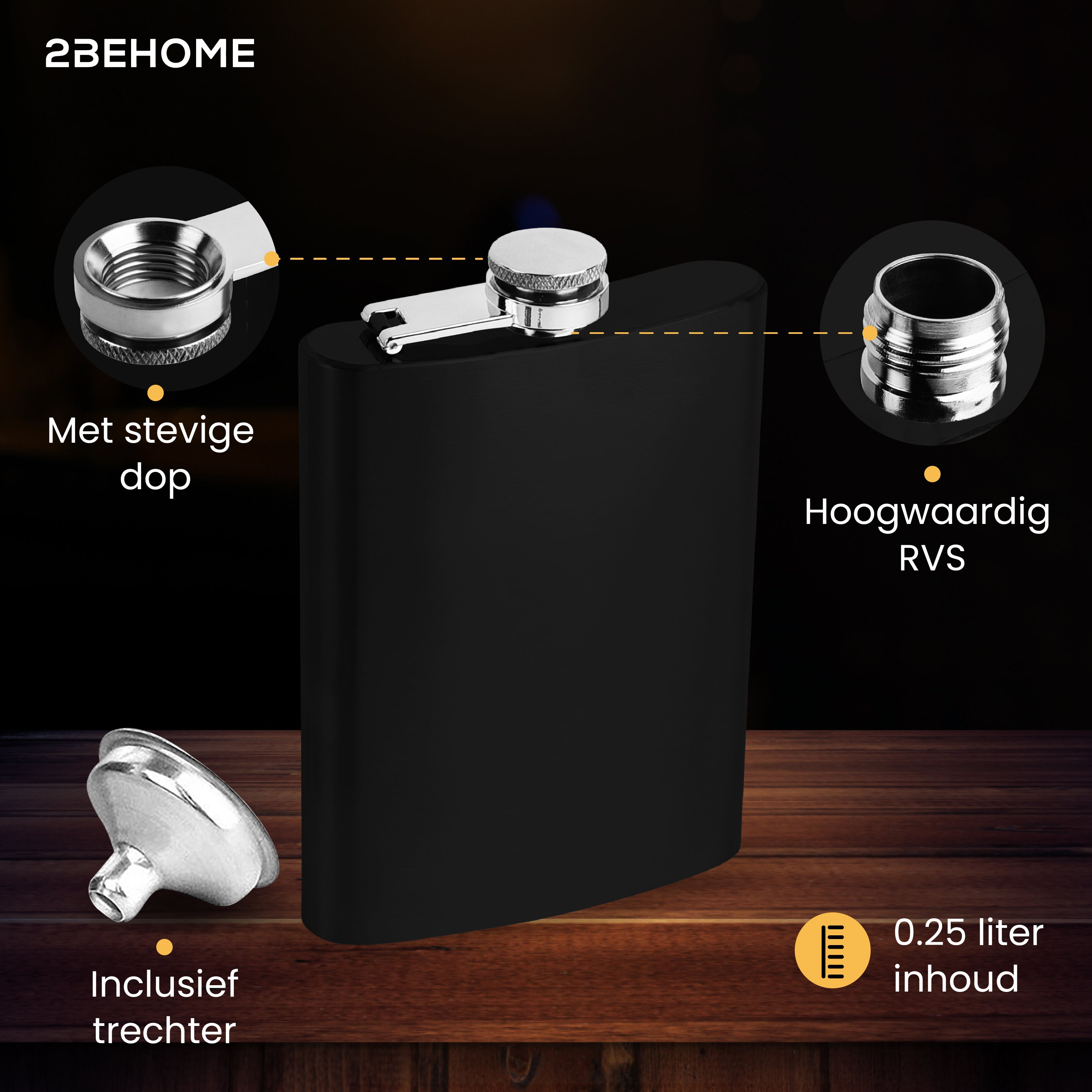 Black flask with silver accents, and text descriptions. White background.
