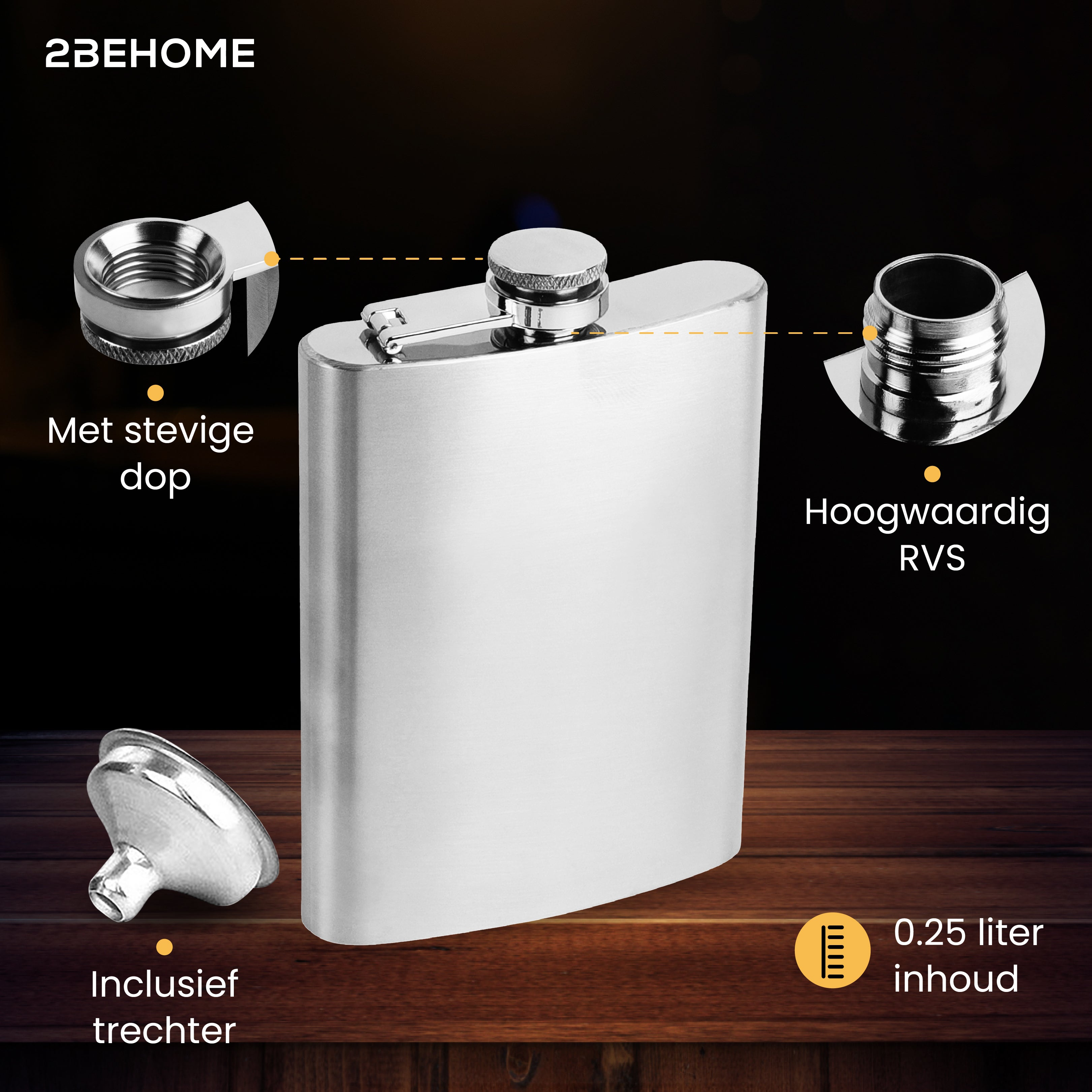 A silver flask with a screw cap and a small funnel, labeled with text.
