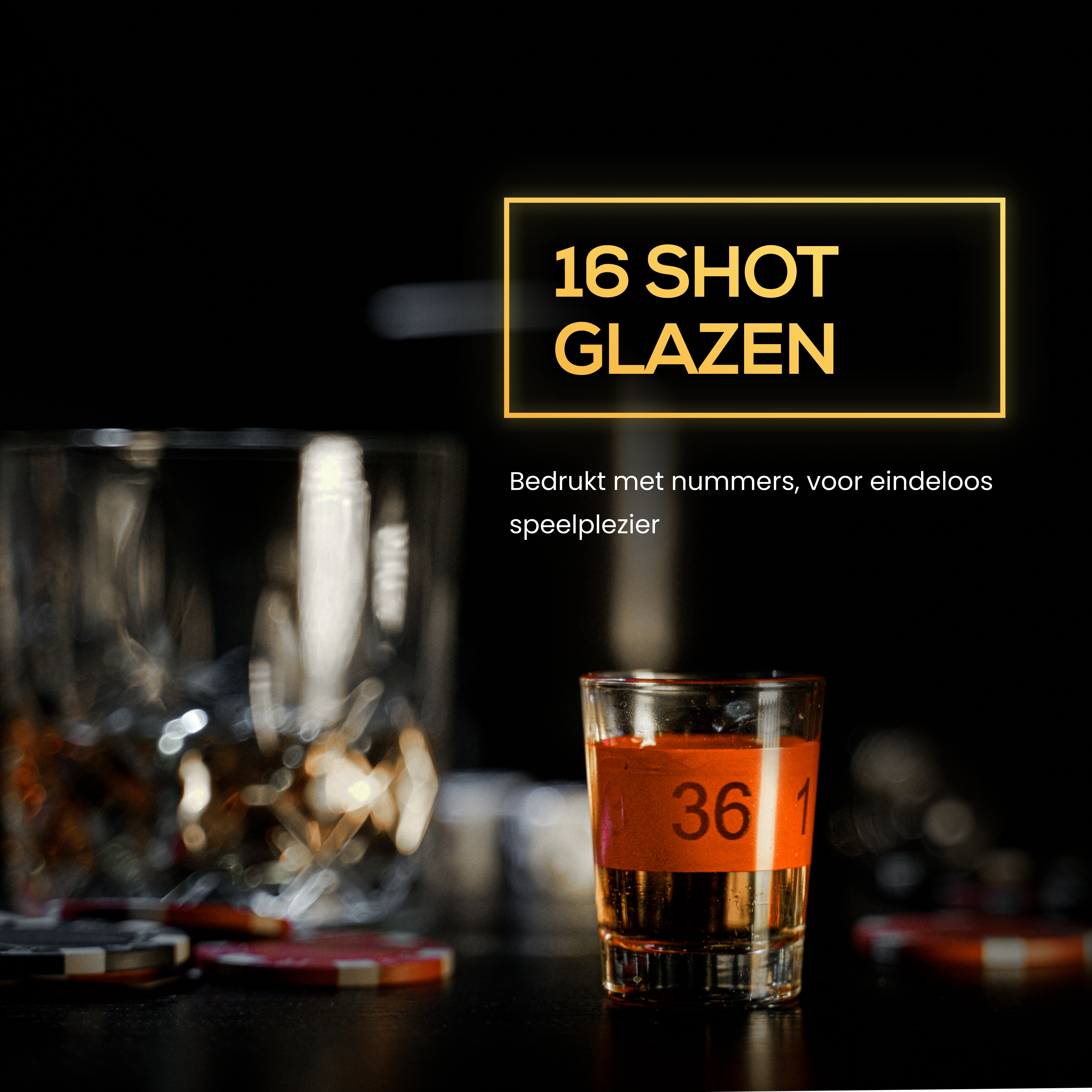 A shot glass with a number, and a blurred background of other glasses and chips.