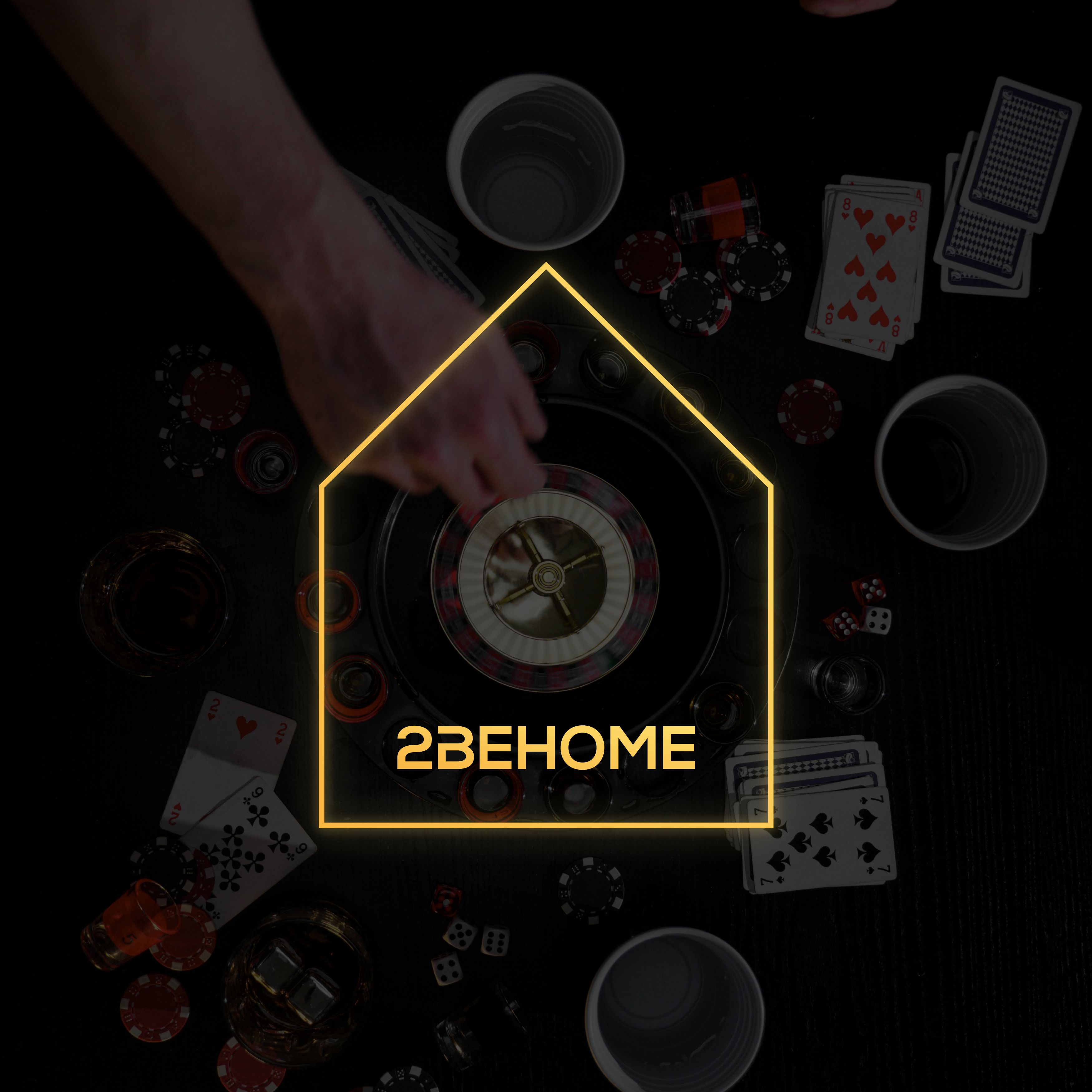 A casino scene with a roulette wheel, cards, chips, and drinks. A logo of a house with the text "2BEHOME".