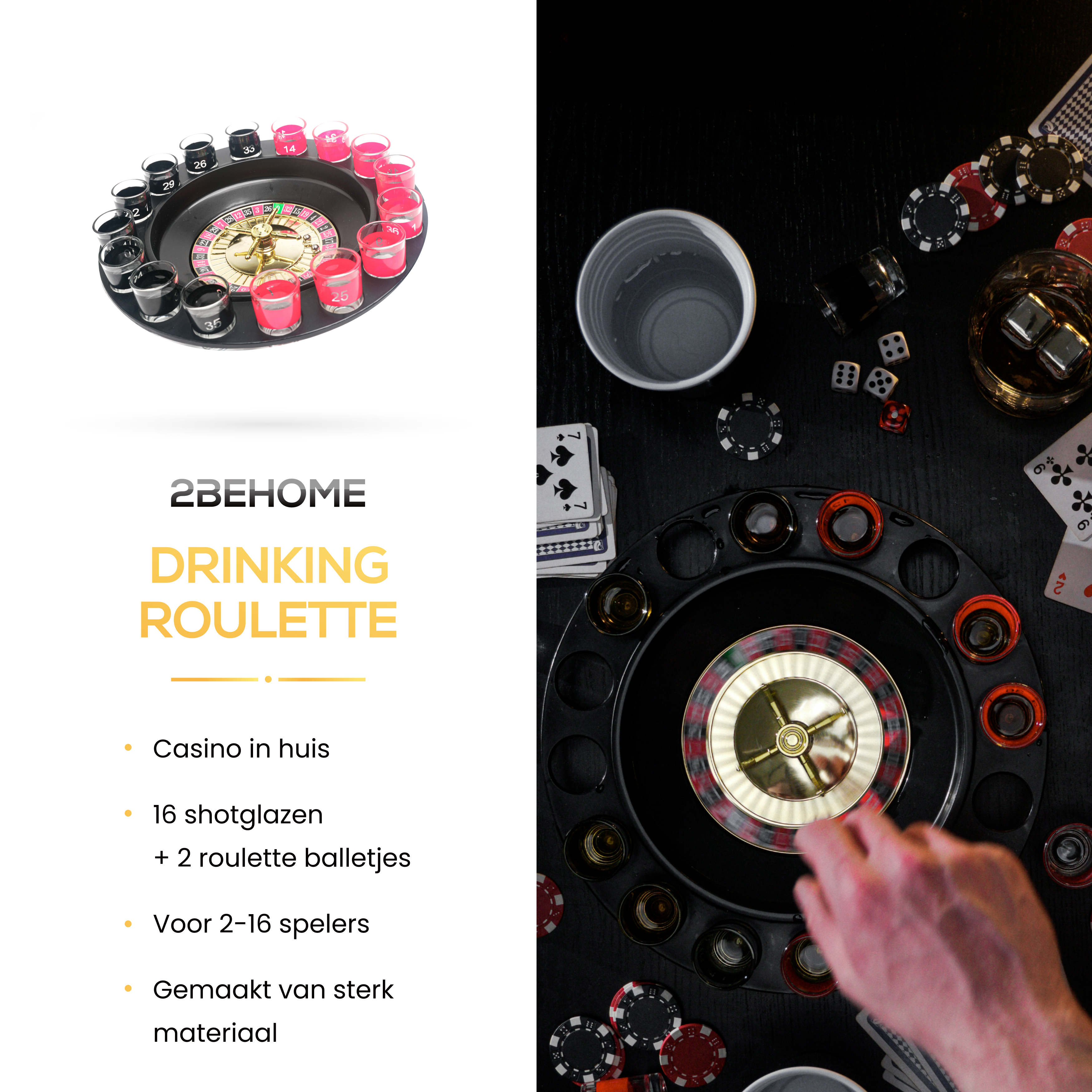 Roulette set with shot glasses. The set includes a roulette wheel, shot glasses, and roulette balls.