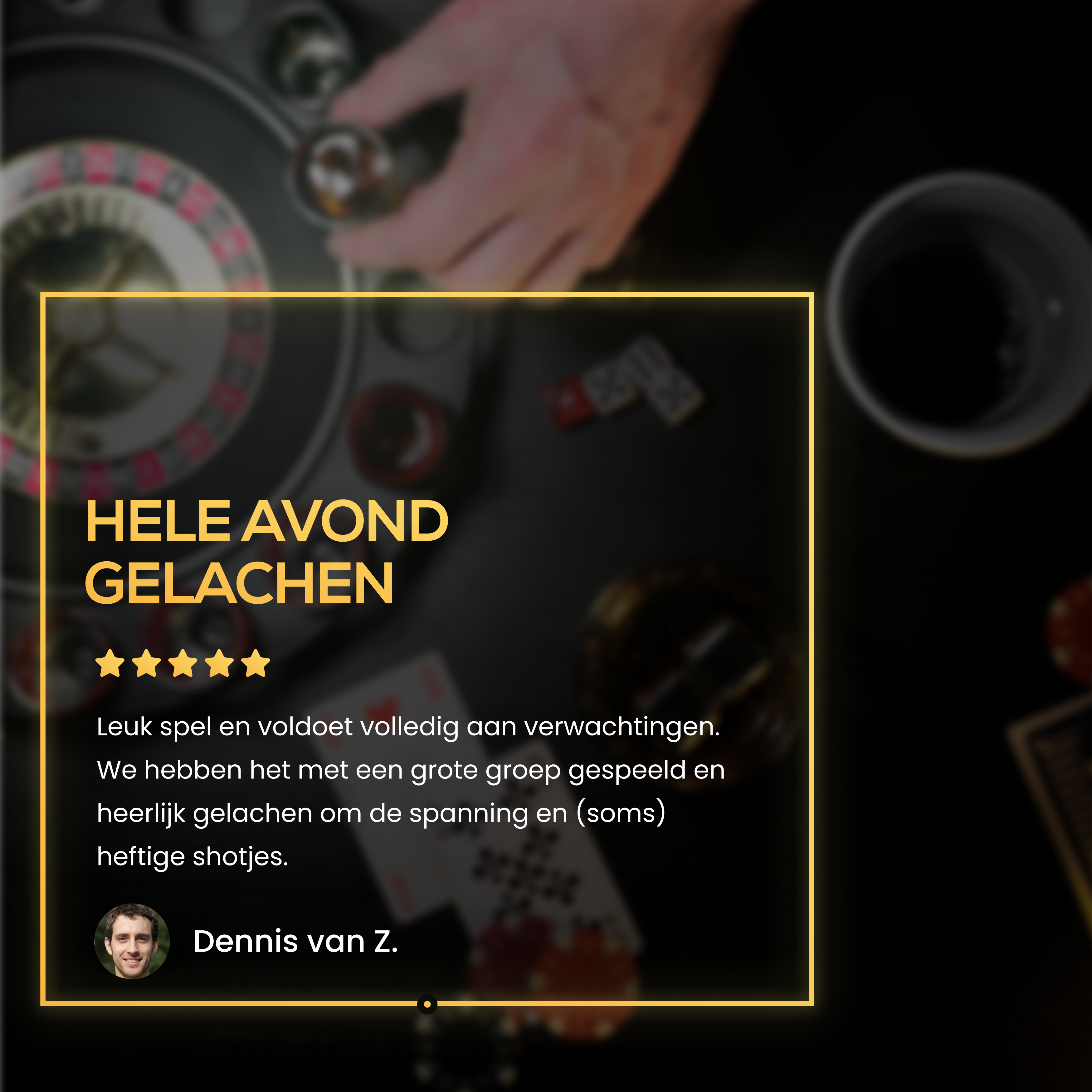 A review of a game with a roulette table in the background.