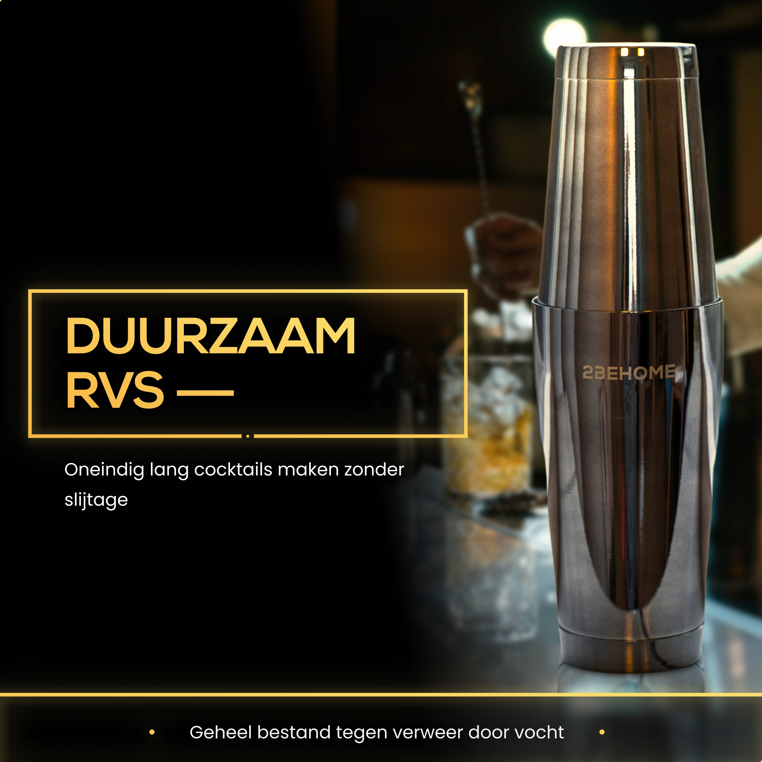 A metallic cocktail shaker on a black surface, with a blurred background featuring glasses and a bar setting.