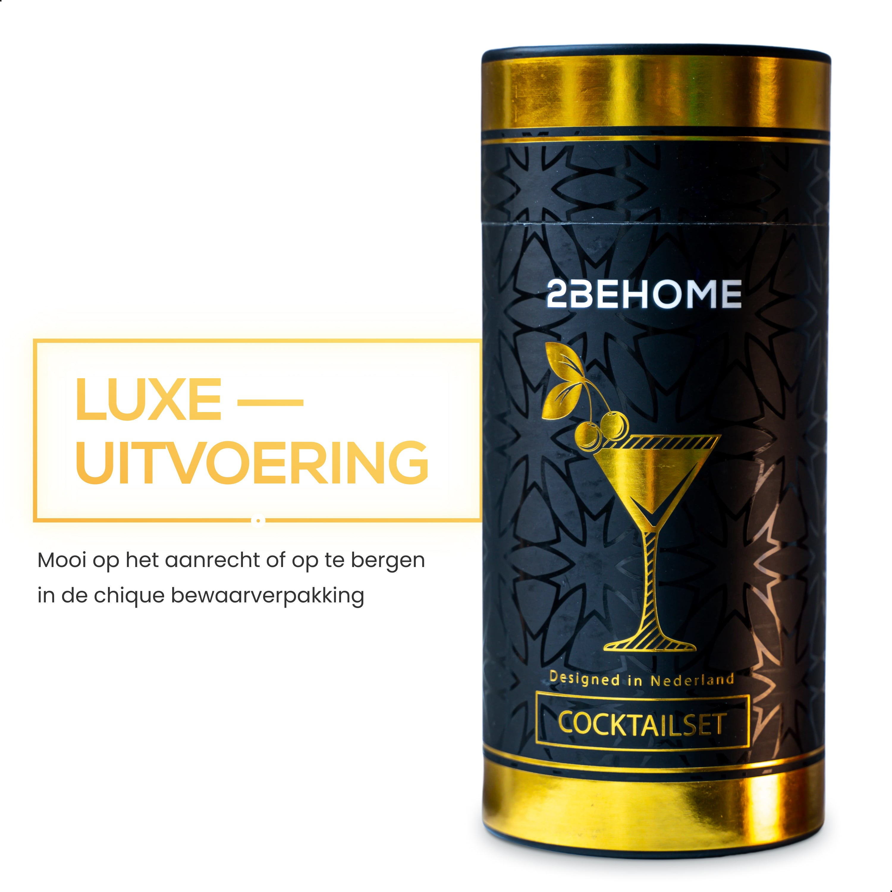 A black and gold cocktail set. Text in yellow and a cocktail glass illustration.