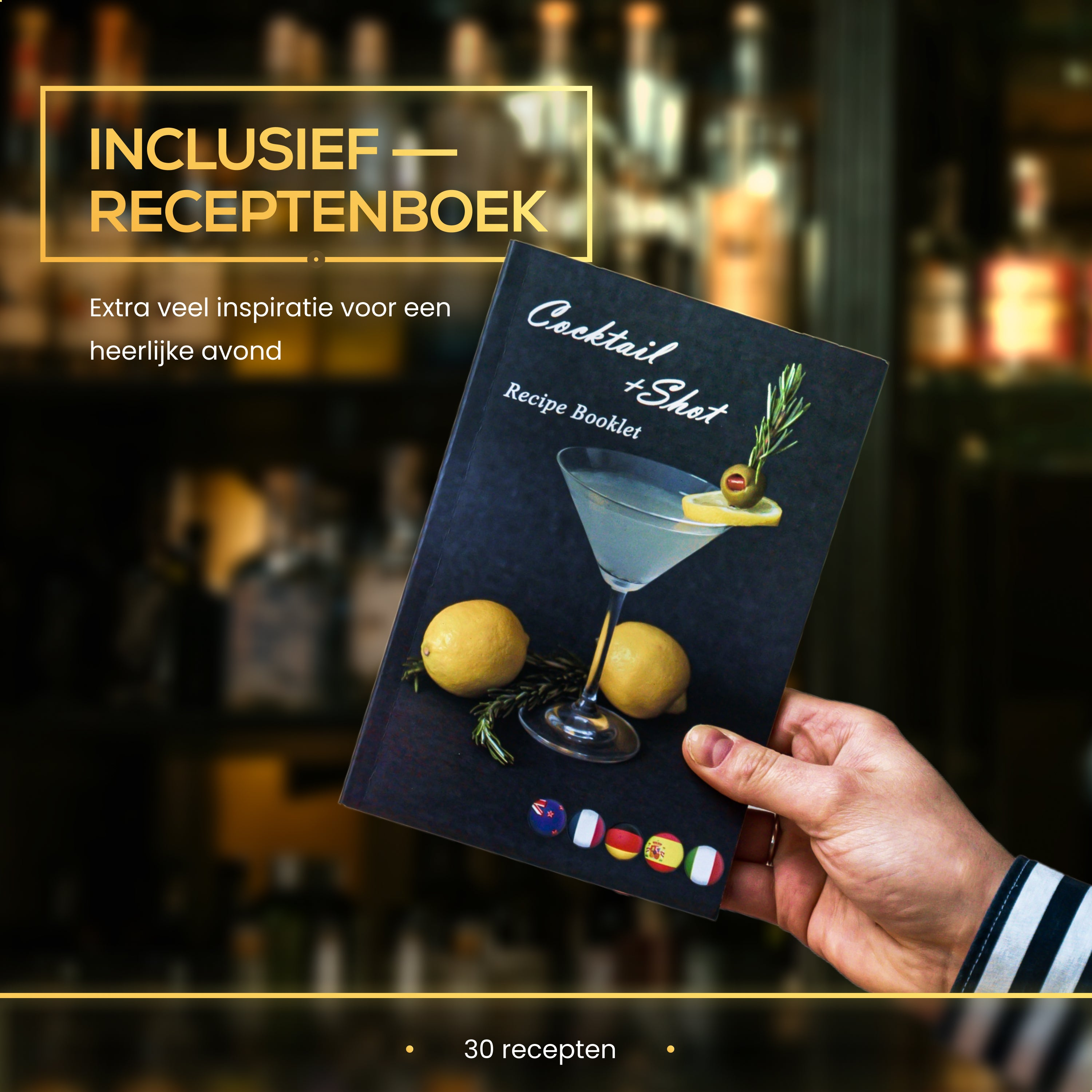 Hand holding cocktail recipe book with a martini illustration and flags.