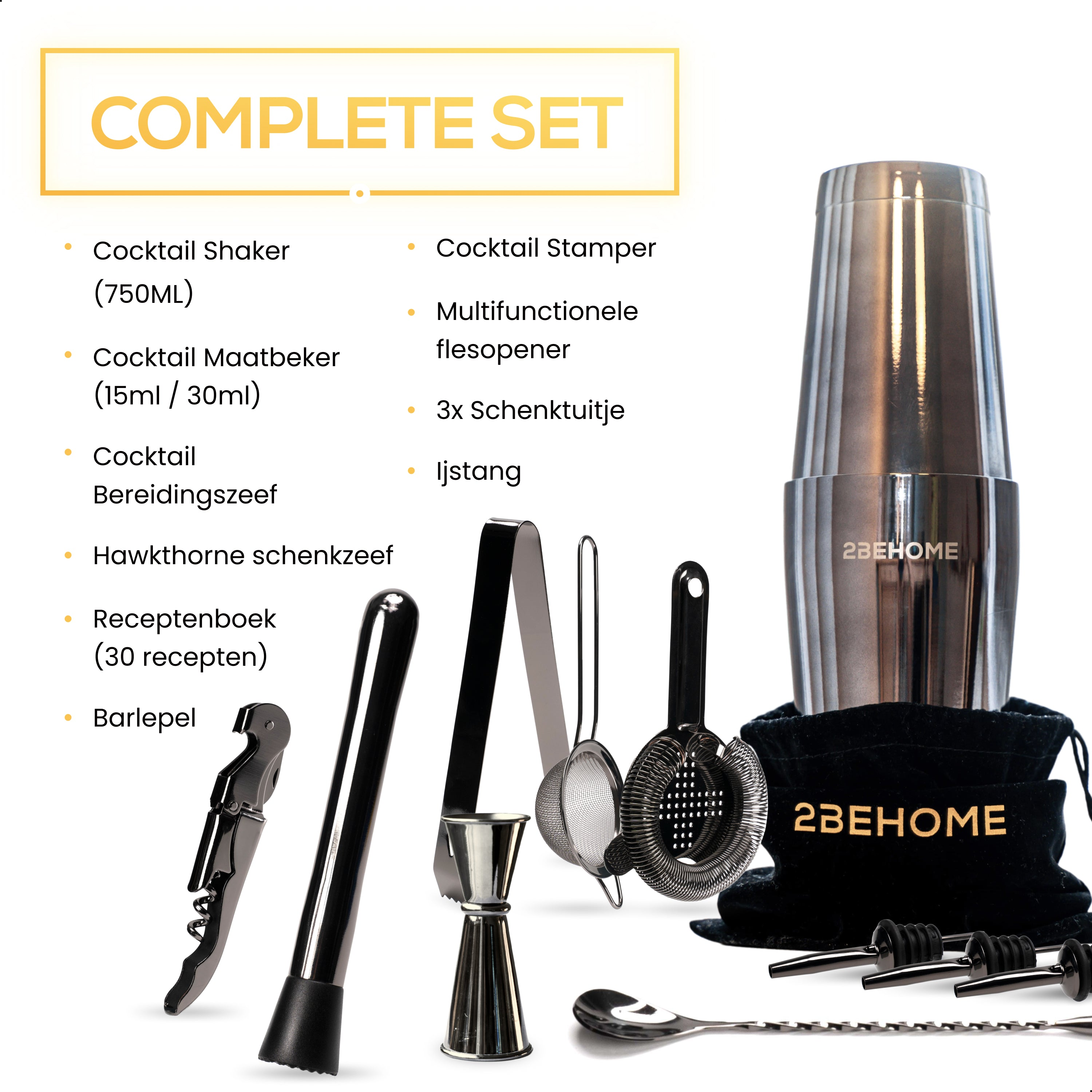 FLOW Barware Glazen cocktailshaker met recepten aan de zijkant | Glazen cocktailset inclusief maatglas, zeef en recepten alles in één shakerset