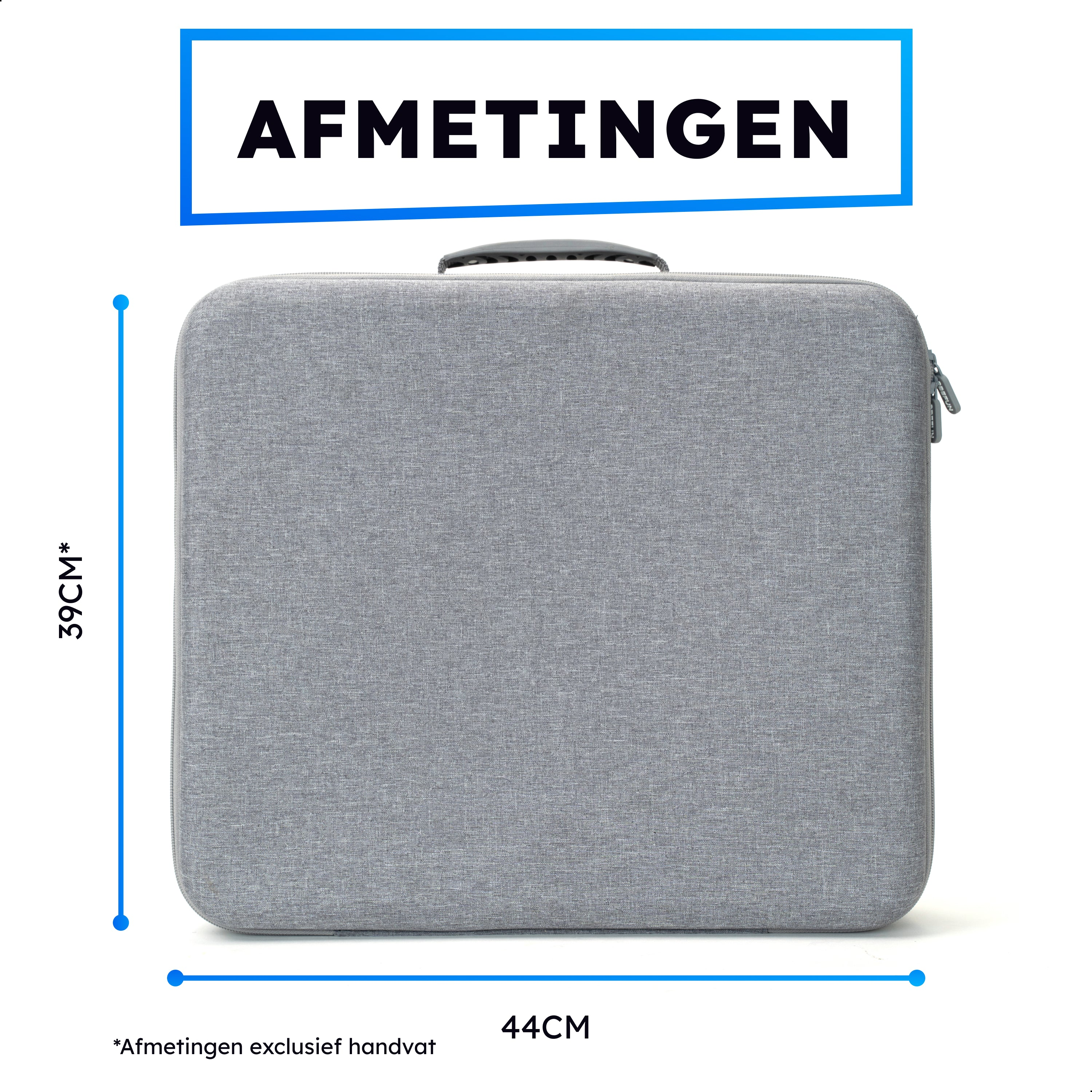 A gray carrying case with dimensions labeled. The dimensions are 44cm wide and 39cm high.