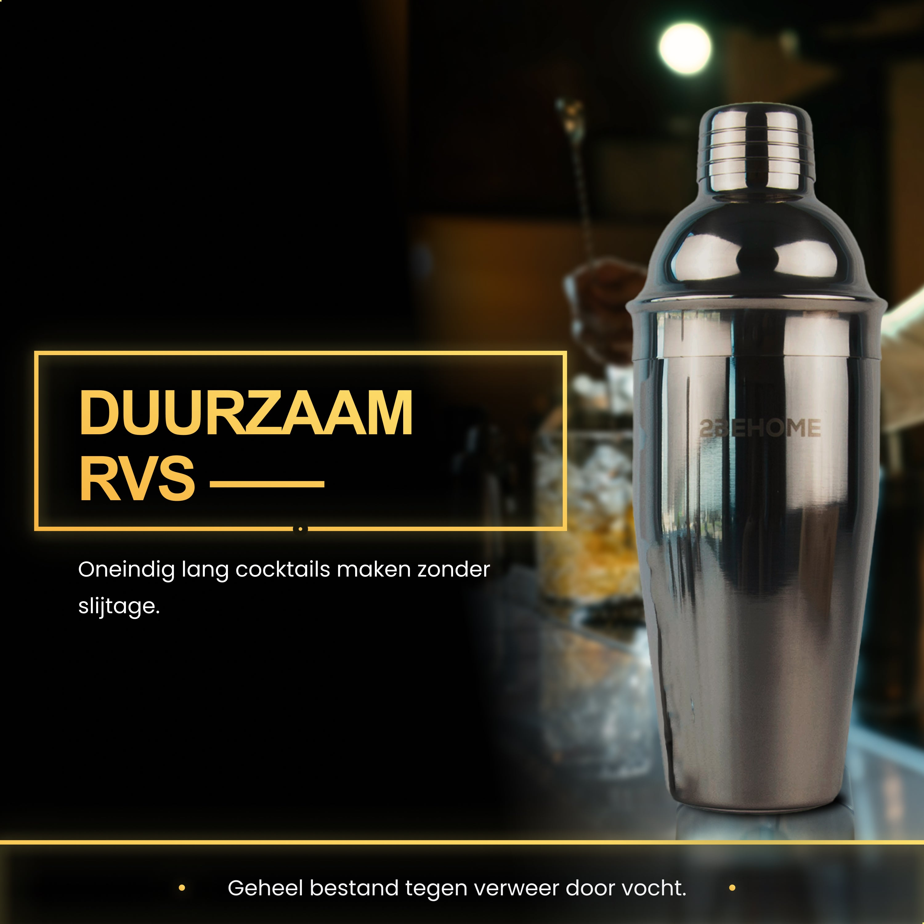 A stainless steel cocktail shaker. Text says 'DUURZAAM RVS'.