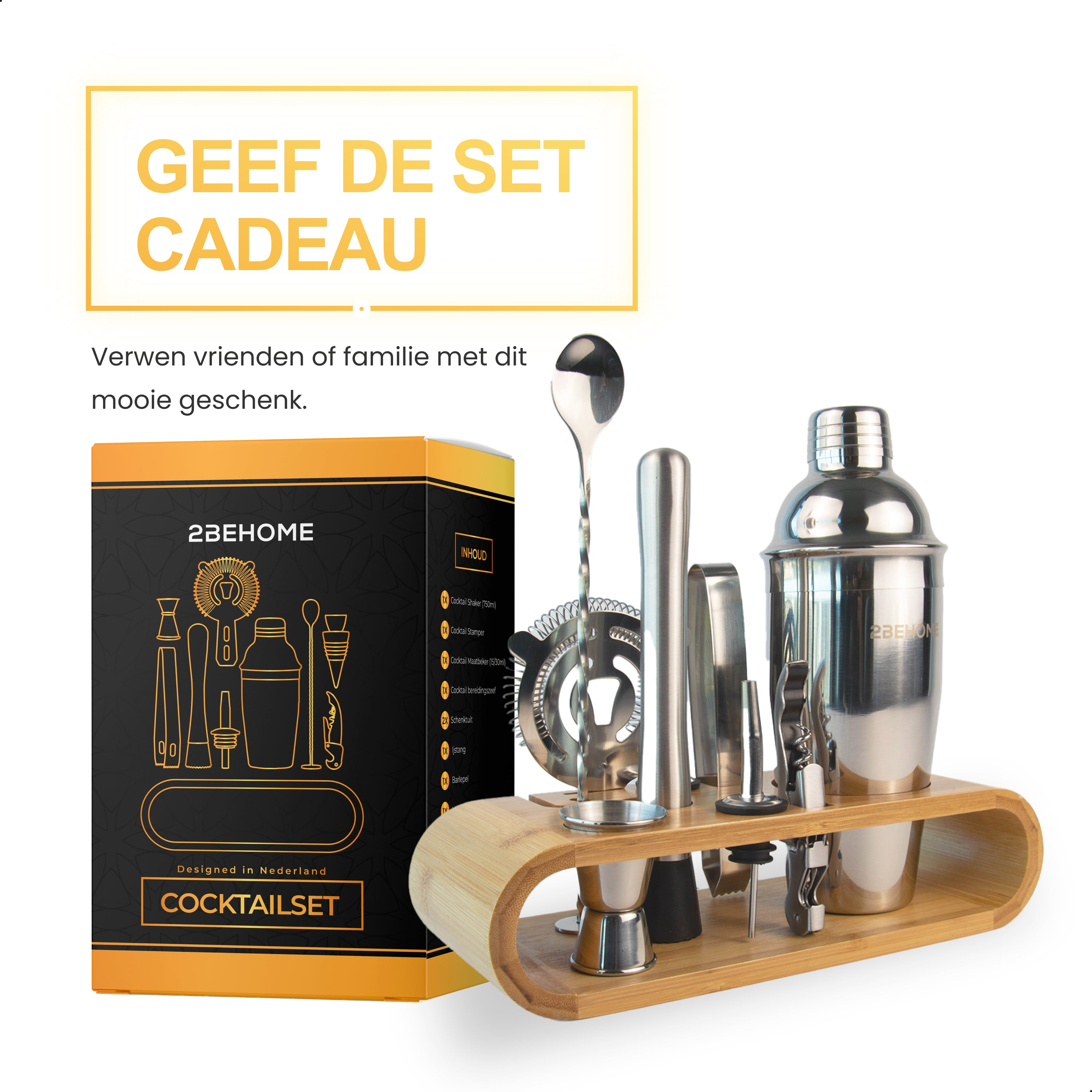 A cocktail set with a box, shaker, and tools on a wooden stand.