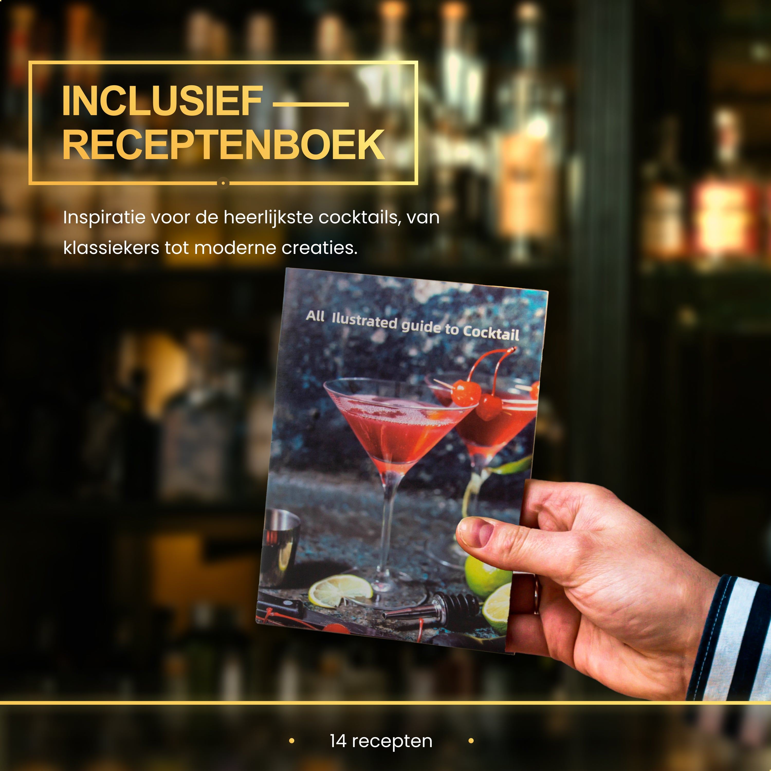 Hand holding cocktail recipe book with a red cocktail illustration.