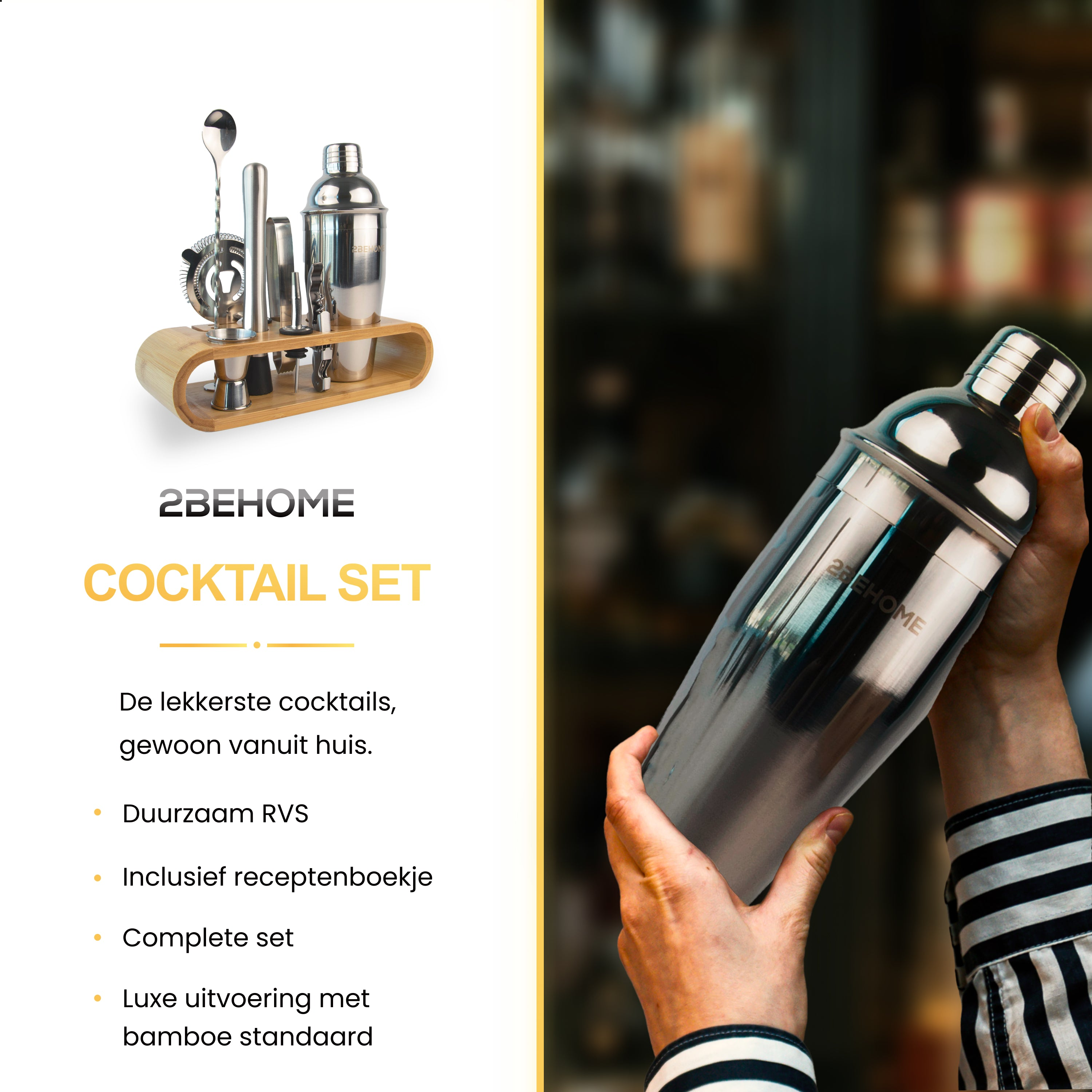 A hand holding a cocktail shaker, with a cocktail set on a wooden stand.