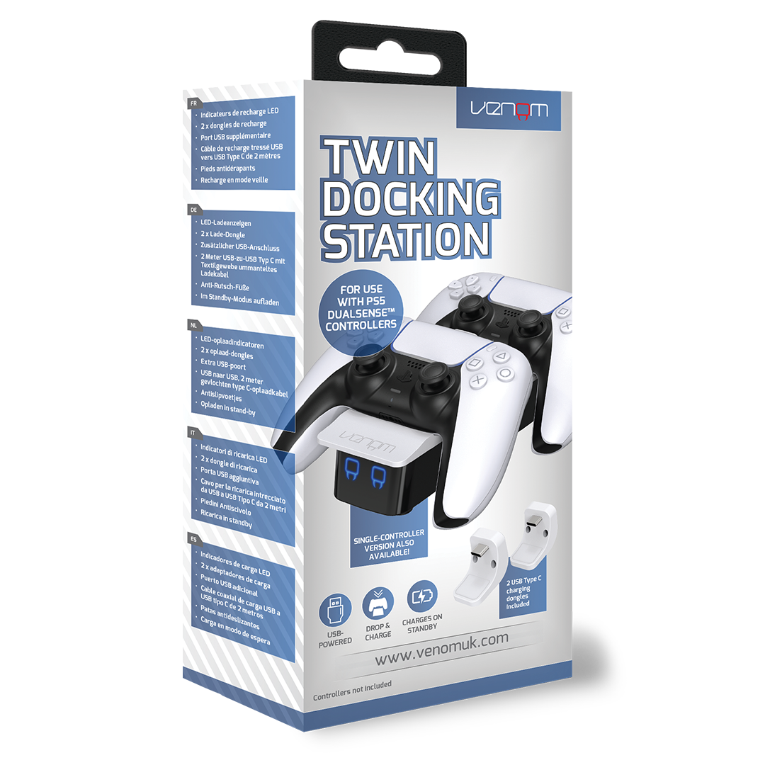 Een doos met een dubbel dockingstation voor PS5 DualSense-controllers en diverse functies.