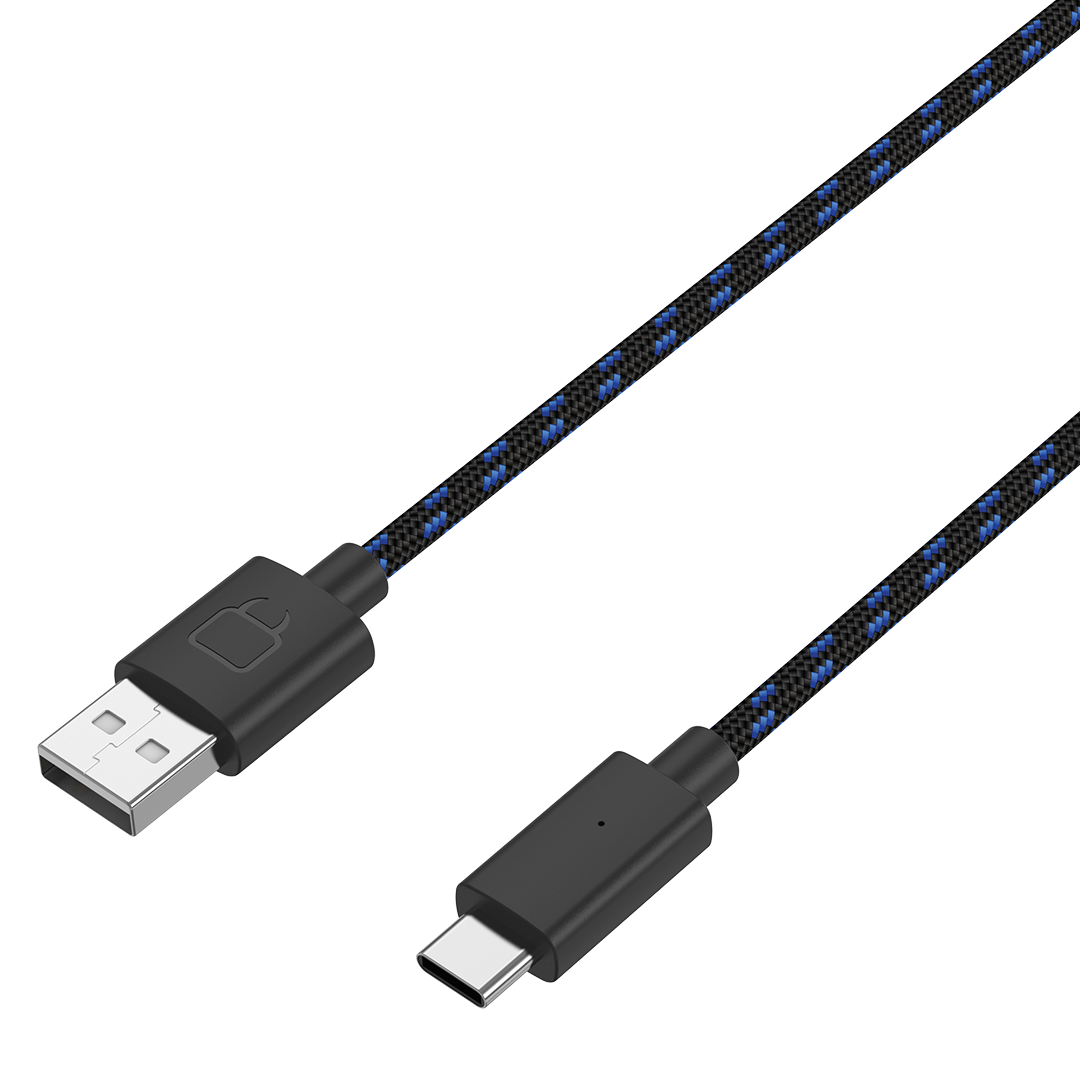 USB naar USB-C gevlochten kabel, zwart met blauwe accenten. Connectoren aan beide uiteinden.