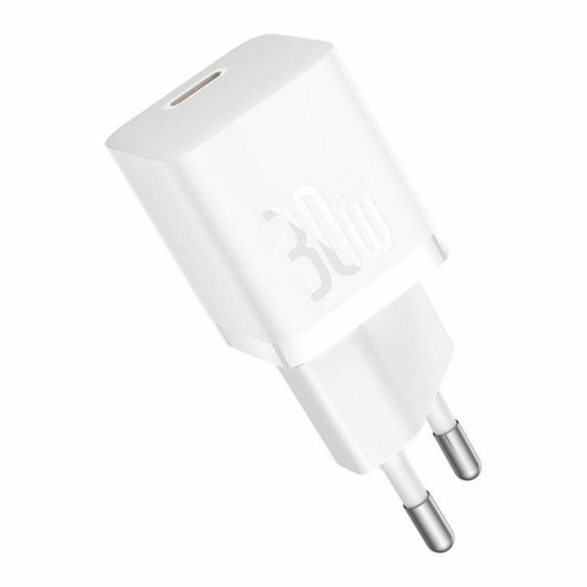 Een witte 30W oplader met een stekker met twee pinnen en een schuin ontwerp, met de merknaam.