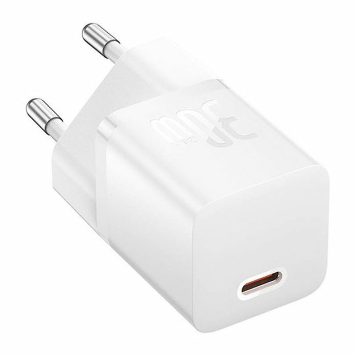 Witte USB-oplader met twee pinnen en een USB-C-poort. De oplader heeft een 30W label.
