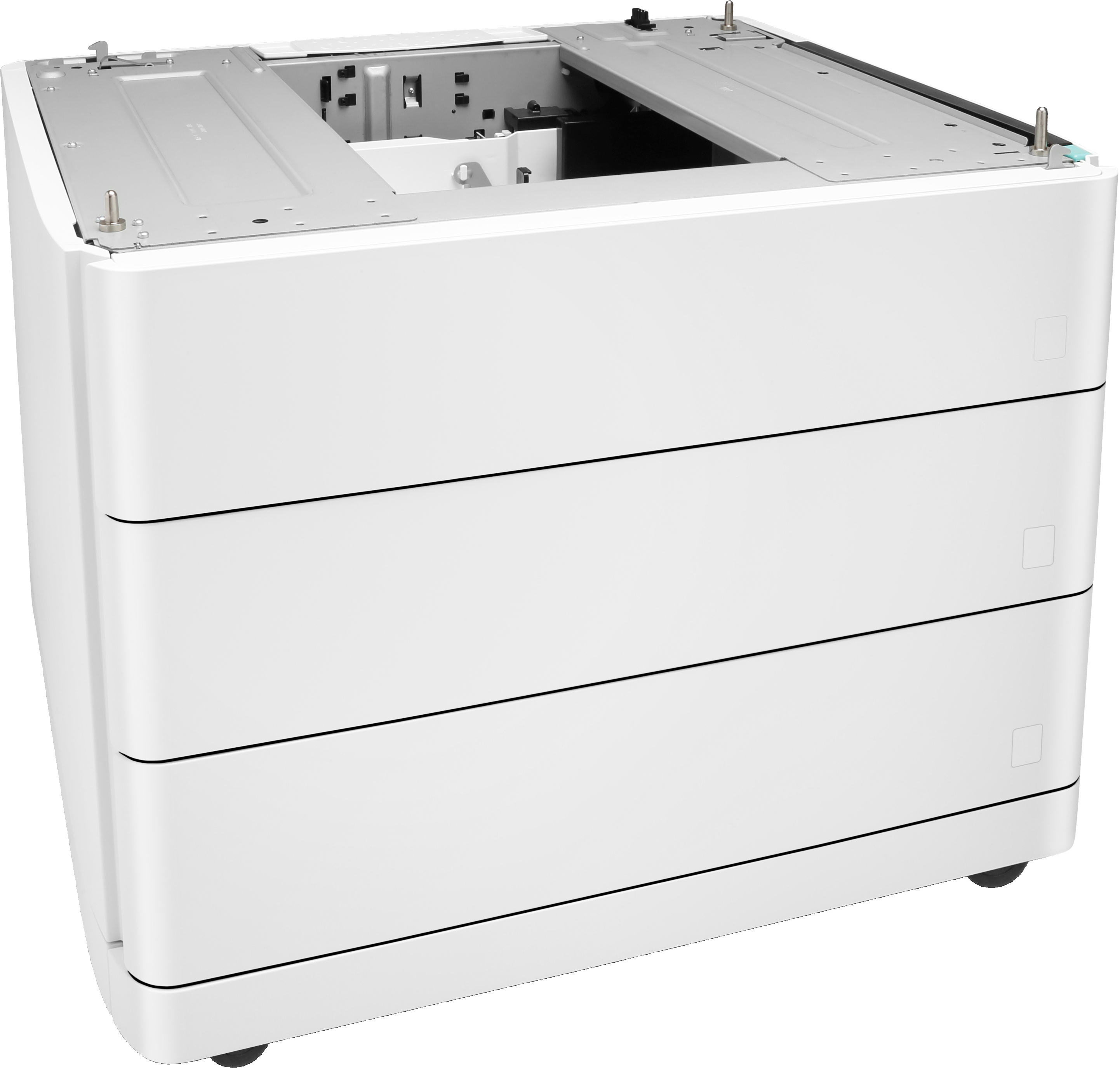 Biała podstawa drukarki z trzema ułożonymi tacami, górnym otworem i czarnymi nóżkami, widok z kąta.