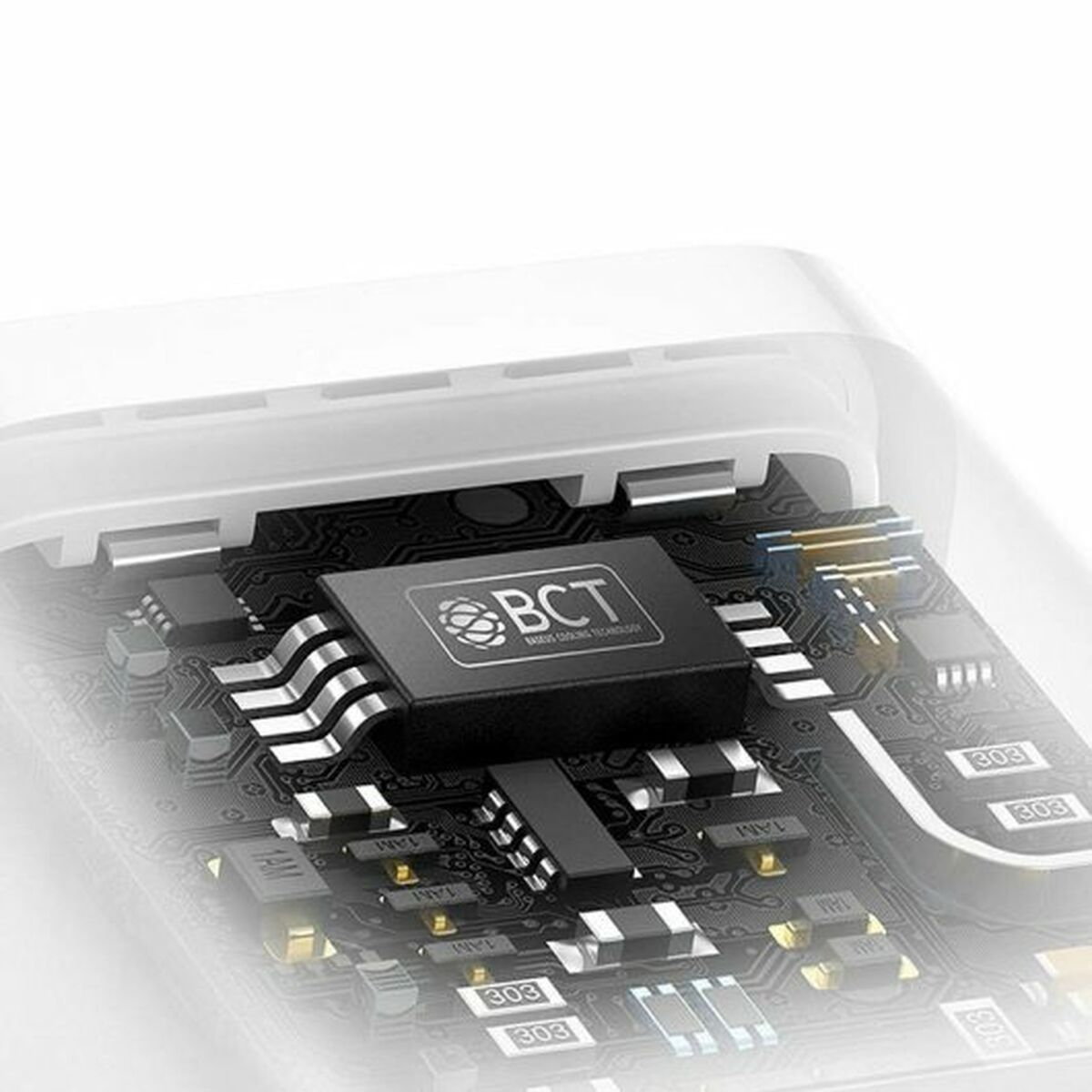 Een close-up van een microchip die de interne componenten laat zien.