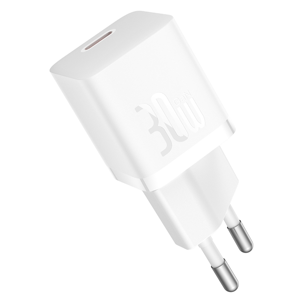 Een witte 30W GaN-oplader met twee pinnen.