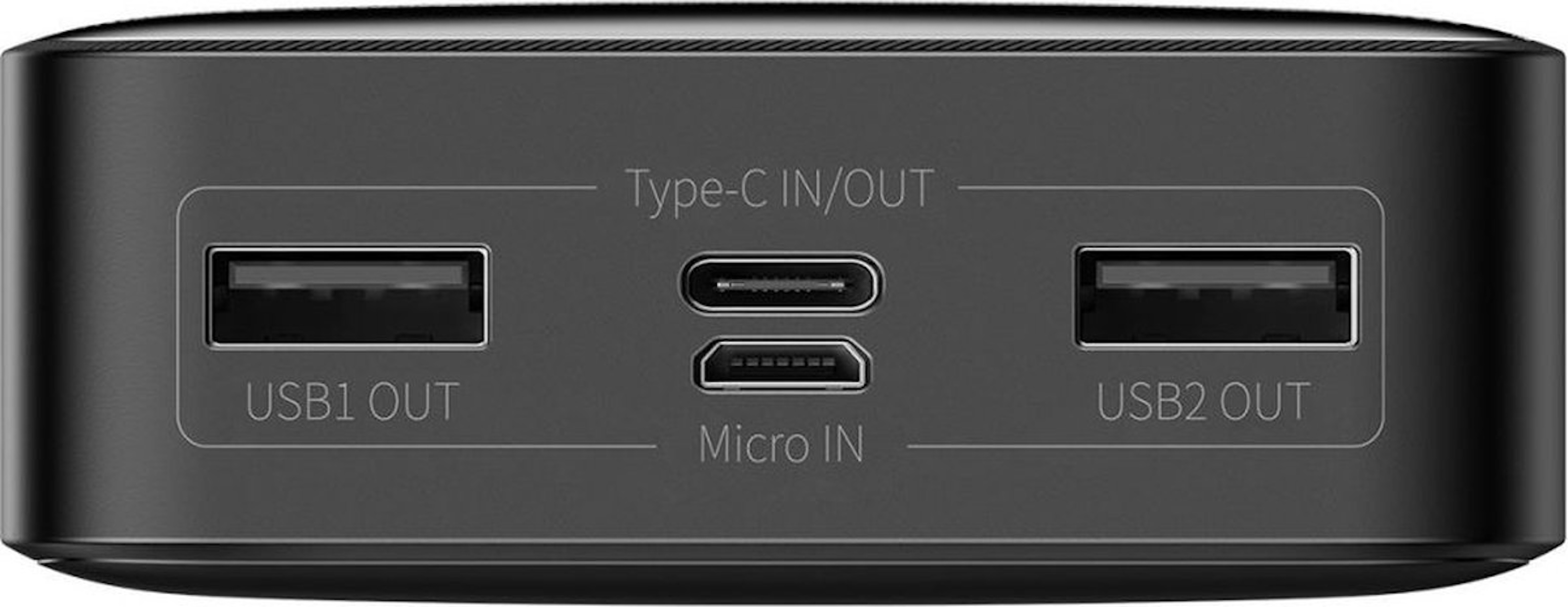 Banco de energía negro con puertos USB y Micro IN. Puertos Tipo-C IN/OUT y USB1/2 OUT.