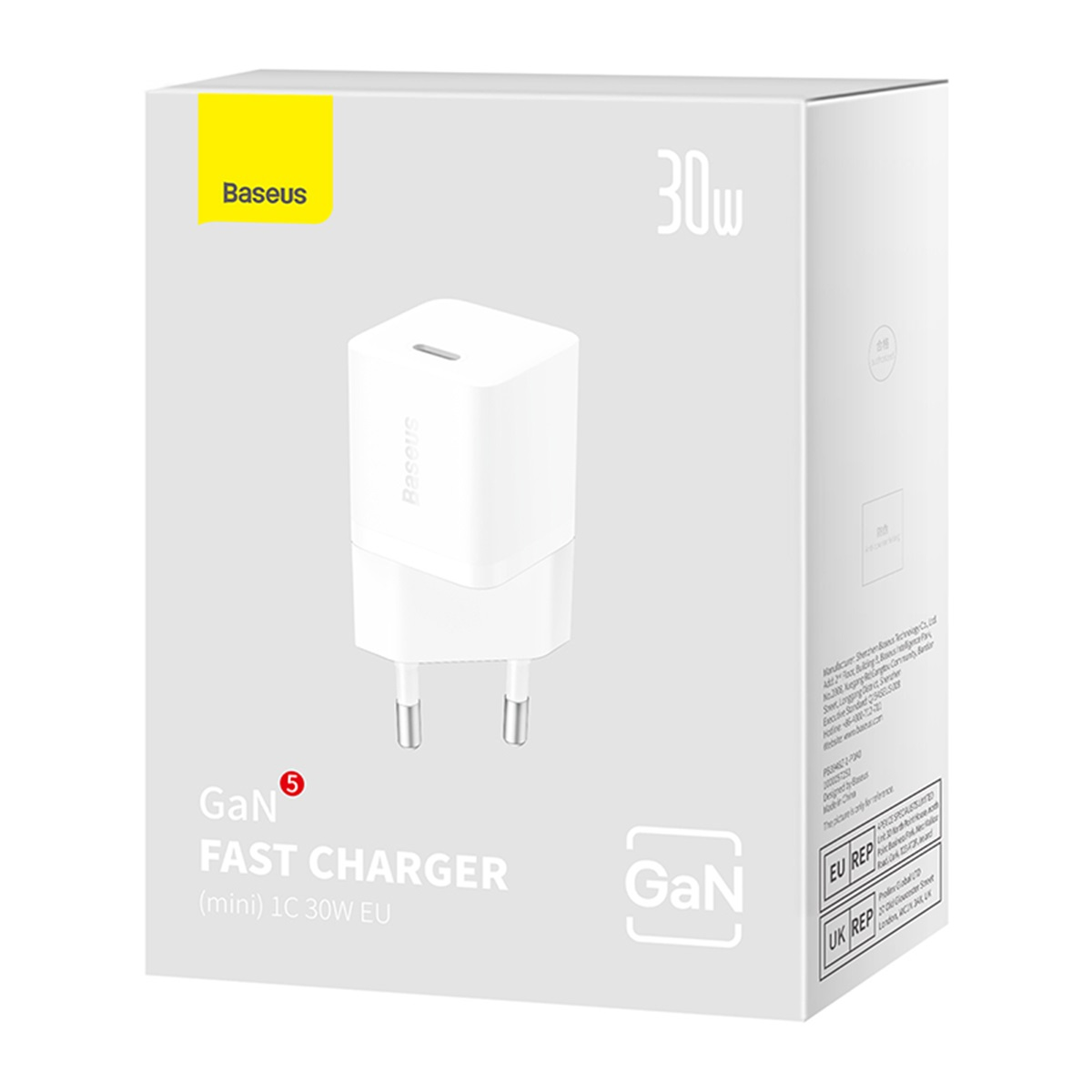 Witte Baseus GaN snellader, 30W, in een witte doos. De lader heeft EU-stekkers.