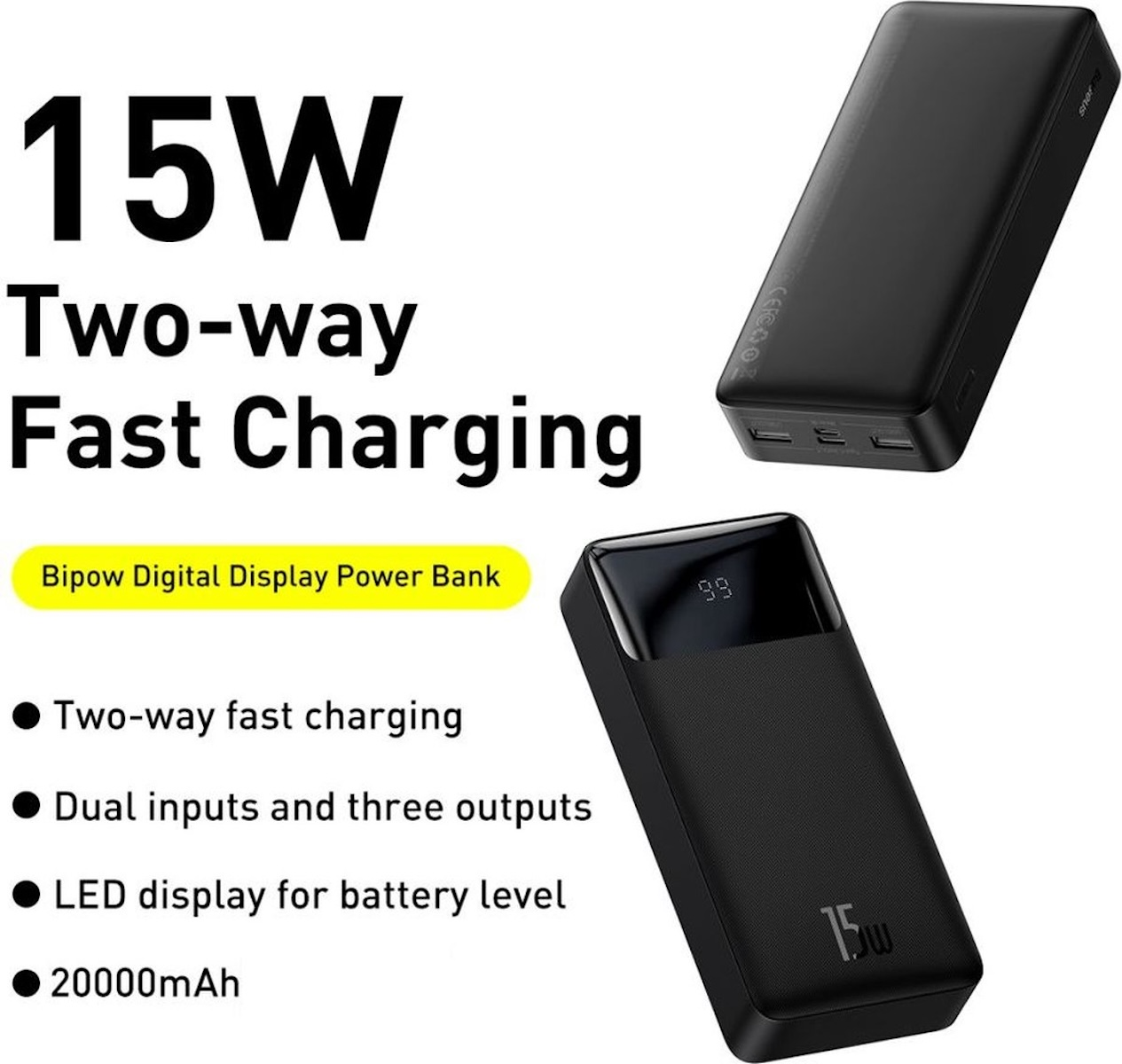 Batería externa negra con texto y una segunda batería externa.