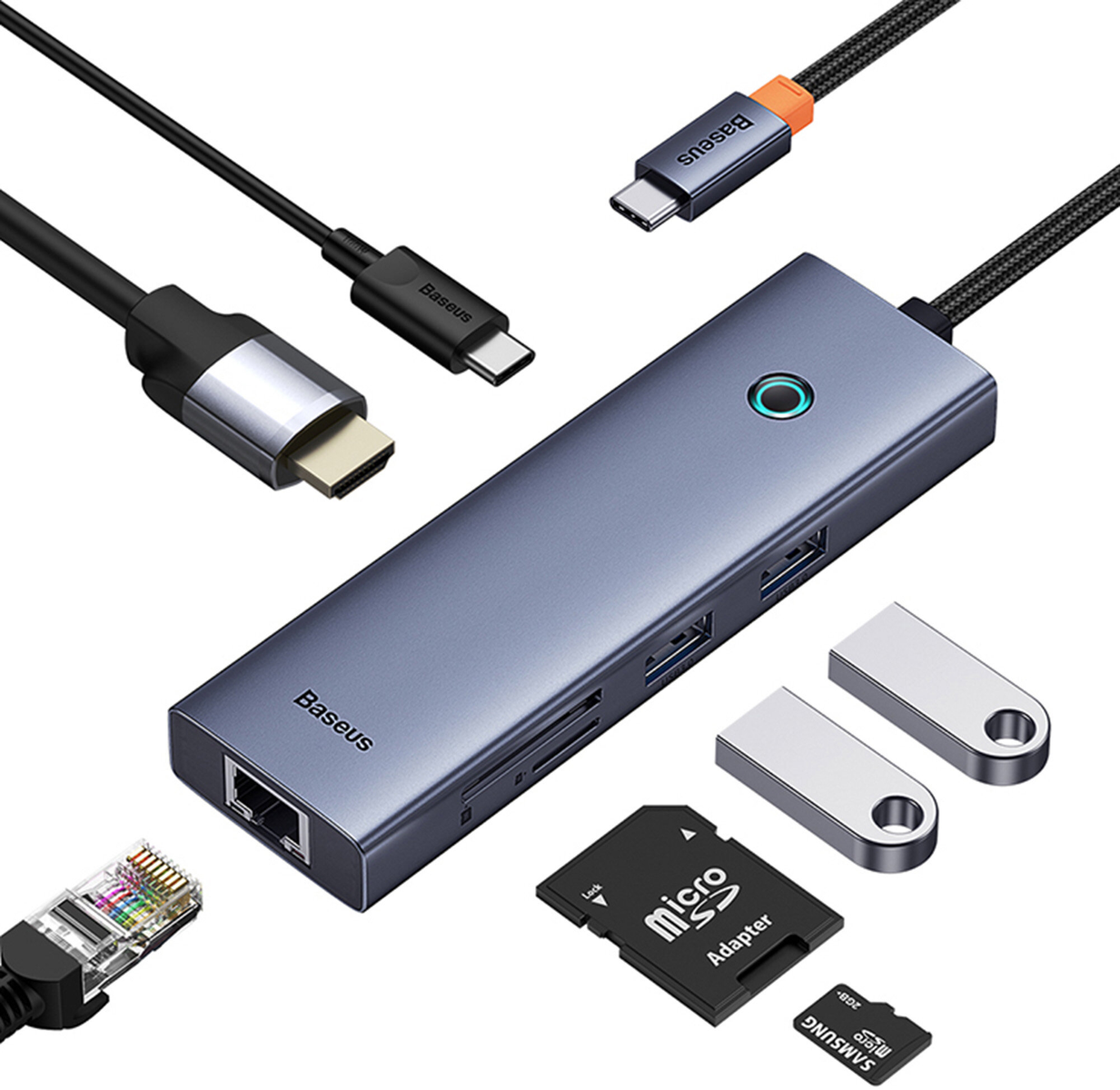 Un hub blu con più connettori, cavi e altri dispositivi su una superficie bianca.