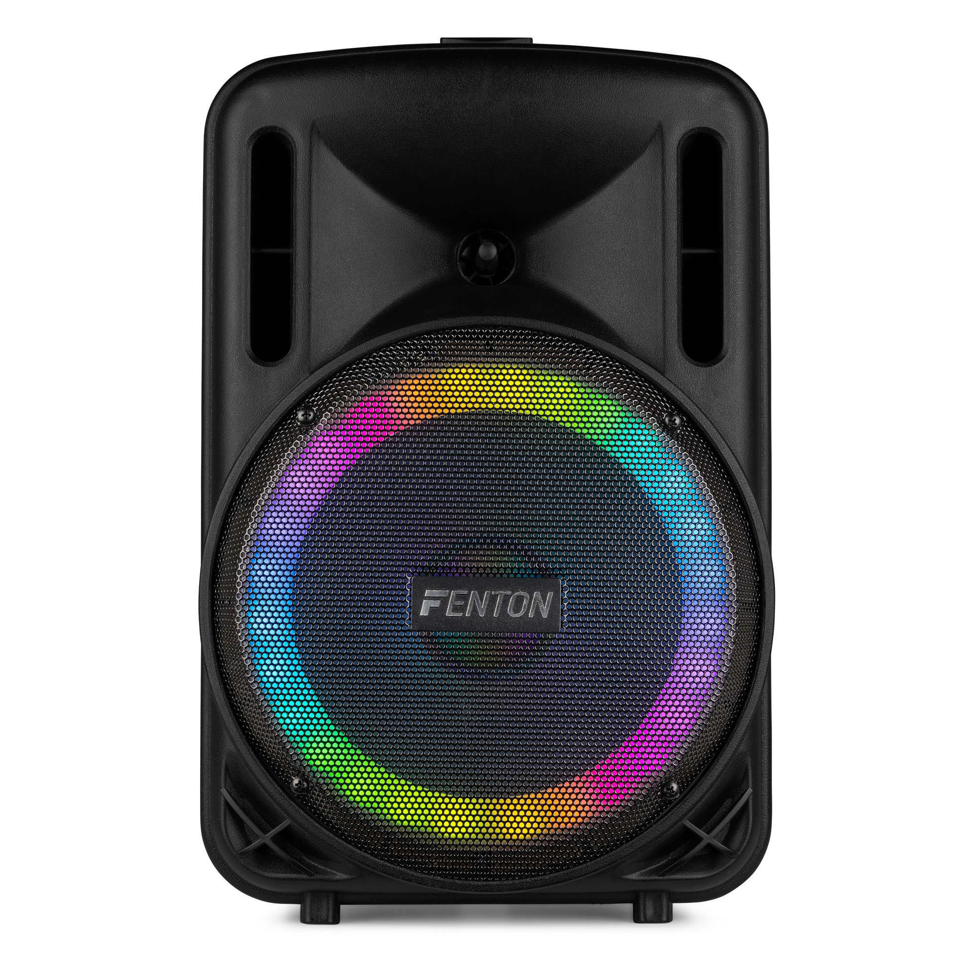 Un altavoz negro con un anillo de luz colorido alrededor y la palabra FENTON en el altavoz.