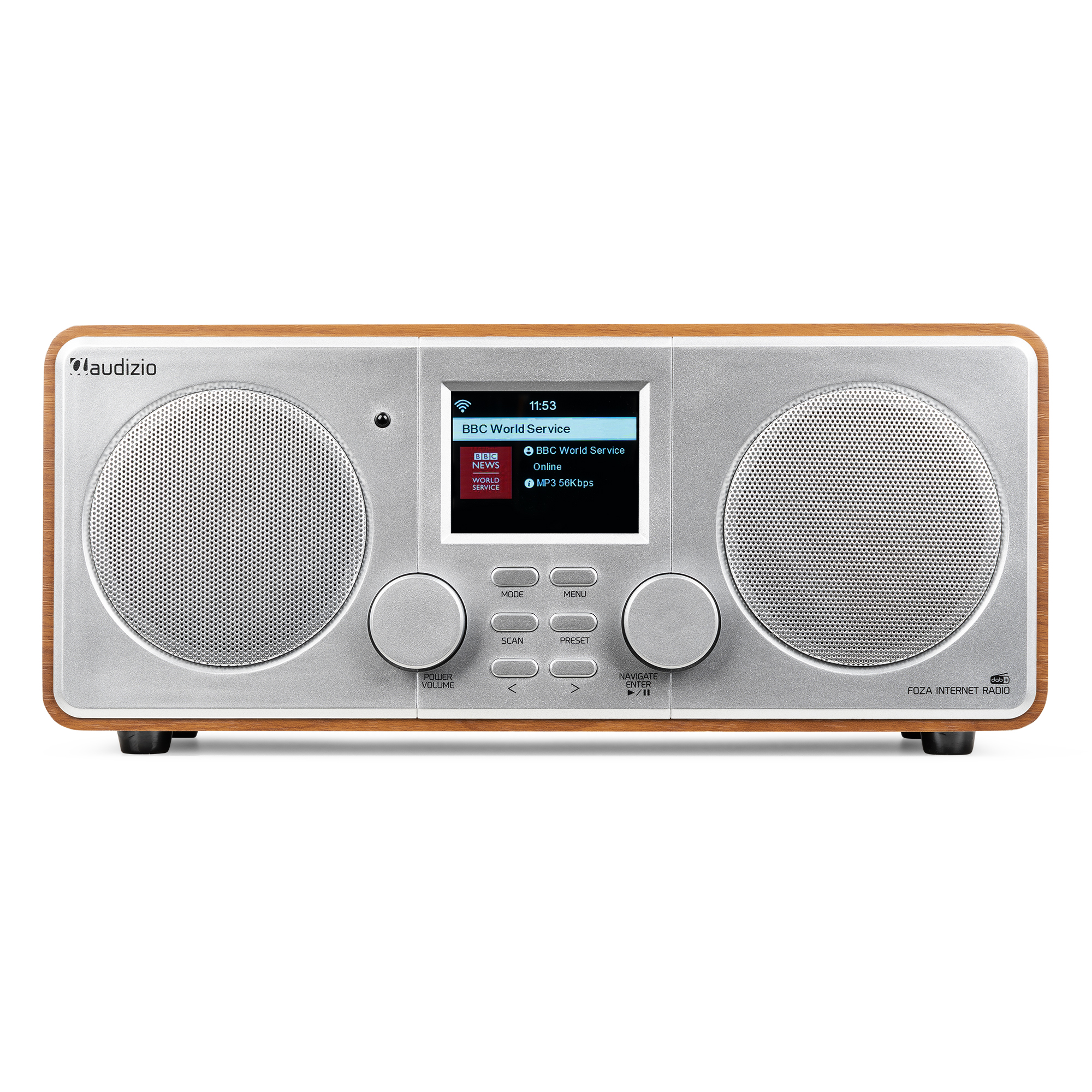Una radio por internet plateada y con tonos de madera con pantalla. Controles visibles.