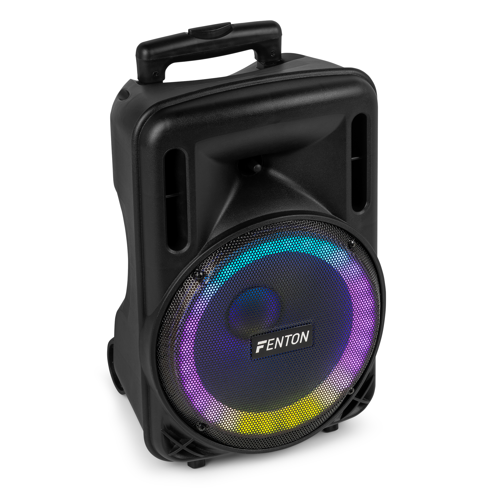 Un altavoz negro con una rejilla frontal iluminada de colores y un asa en la parte superior.