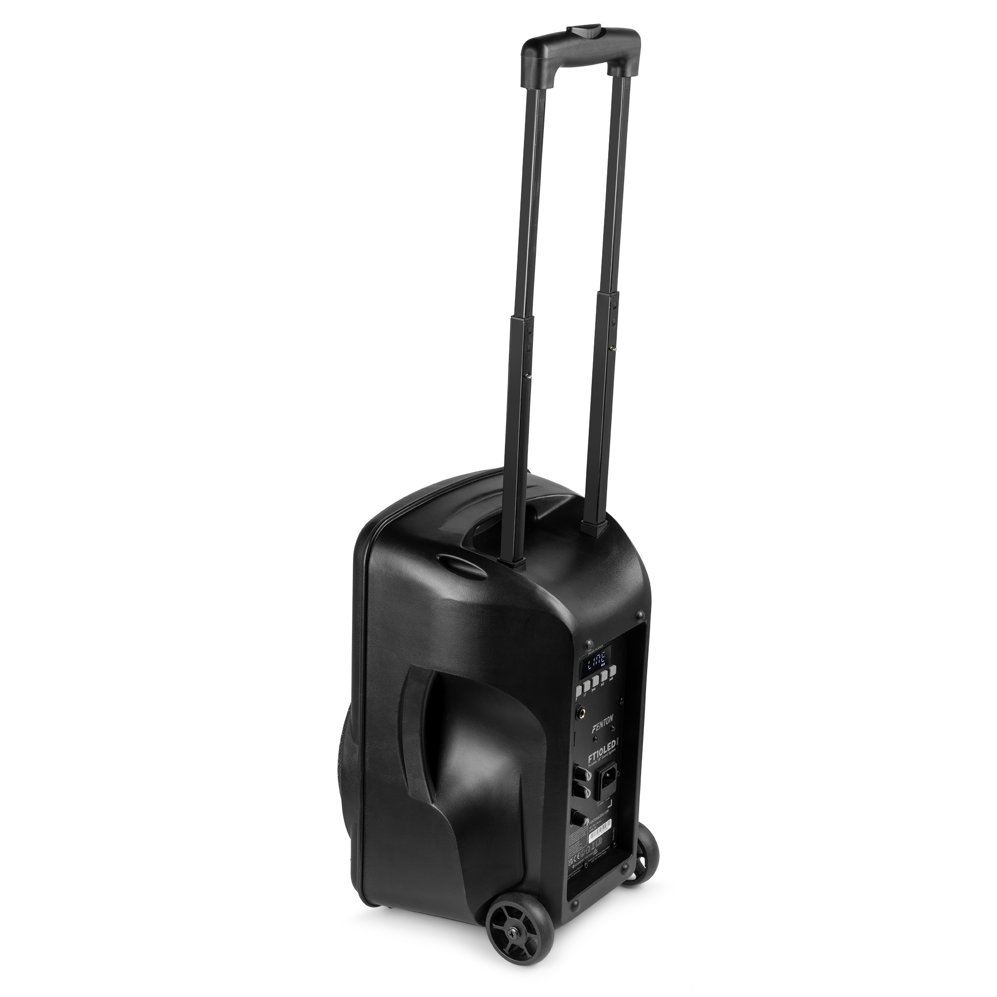 Altavoz negro con asa y ruedas. Se ve desde un ángulo lateral.