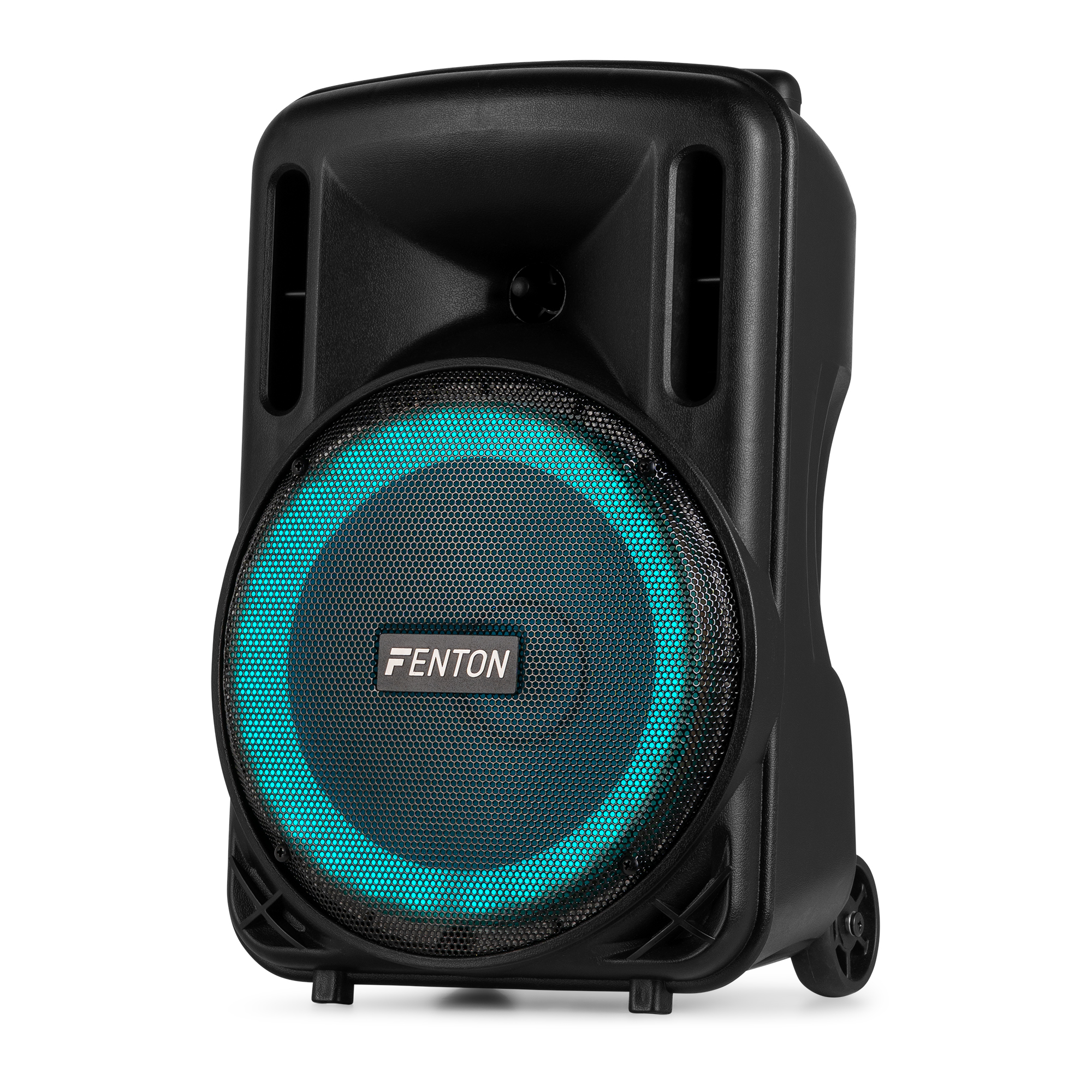 Altavoz negro con un centro brillante azul, con el logotipo de FENTON.