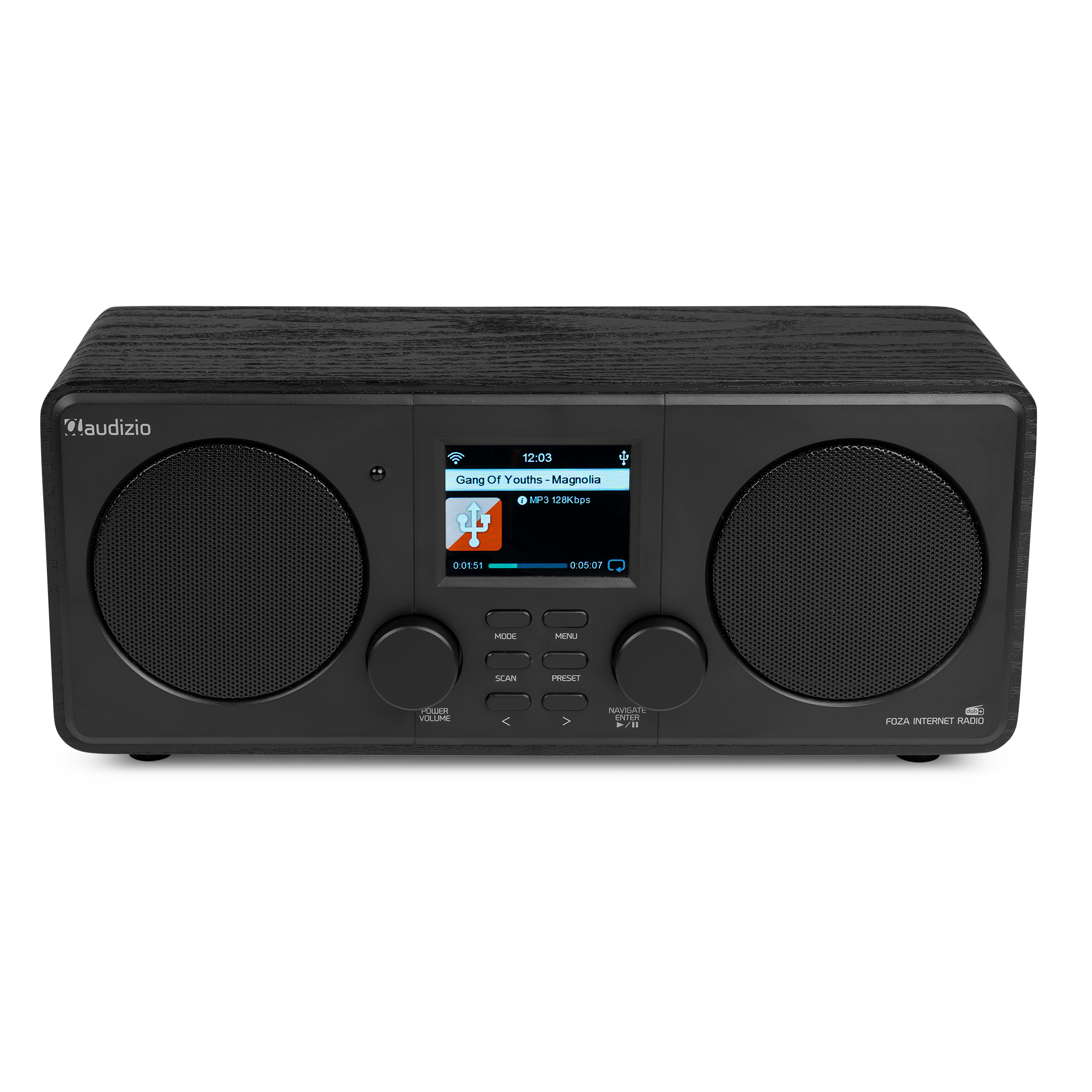 Una radio por Internet negra con pantalla, botones y dos altavoces, con la marca "auna" y el nombre del modelo.