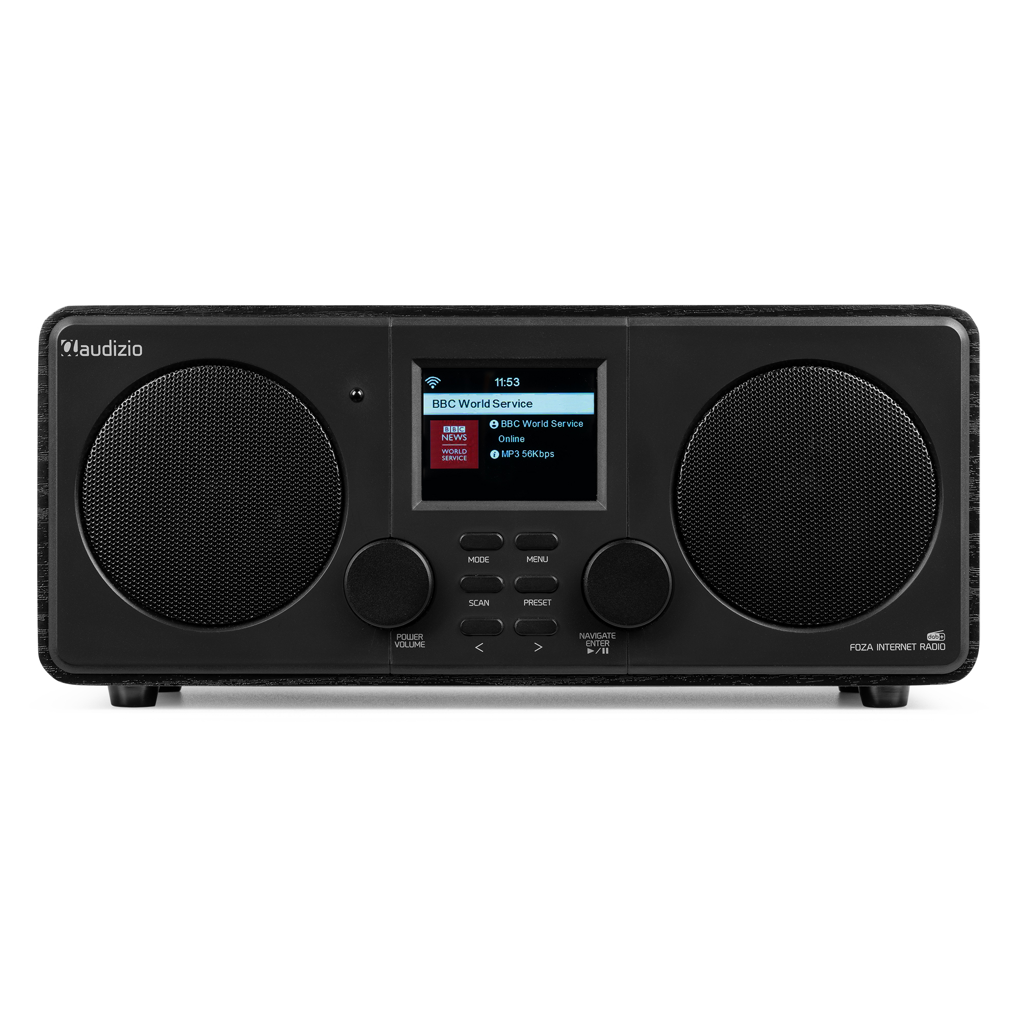 Una radio negra con una pantalla que muestra información, incluyendo detalles de noticias.