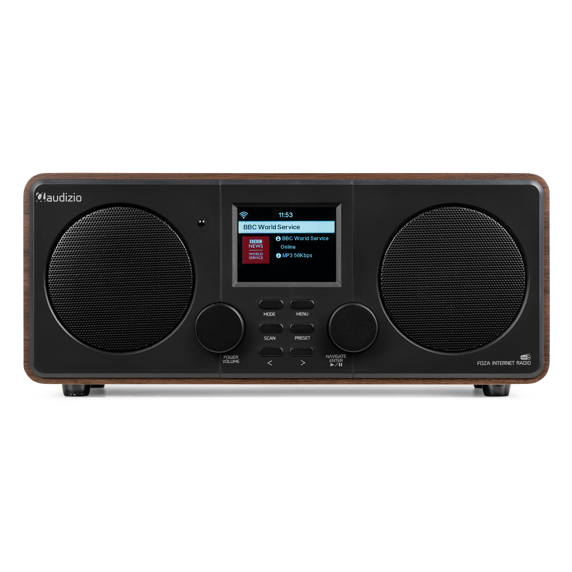 Radio negro y marrón con pantalla, dos altavoces y botones de control. La marca es 'claudizio'.