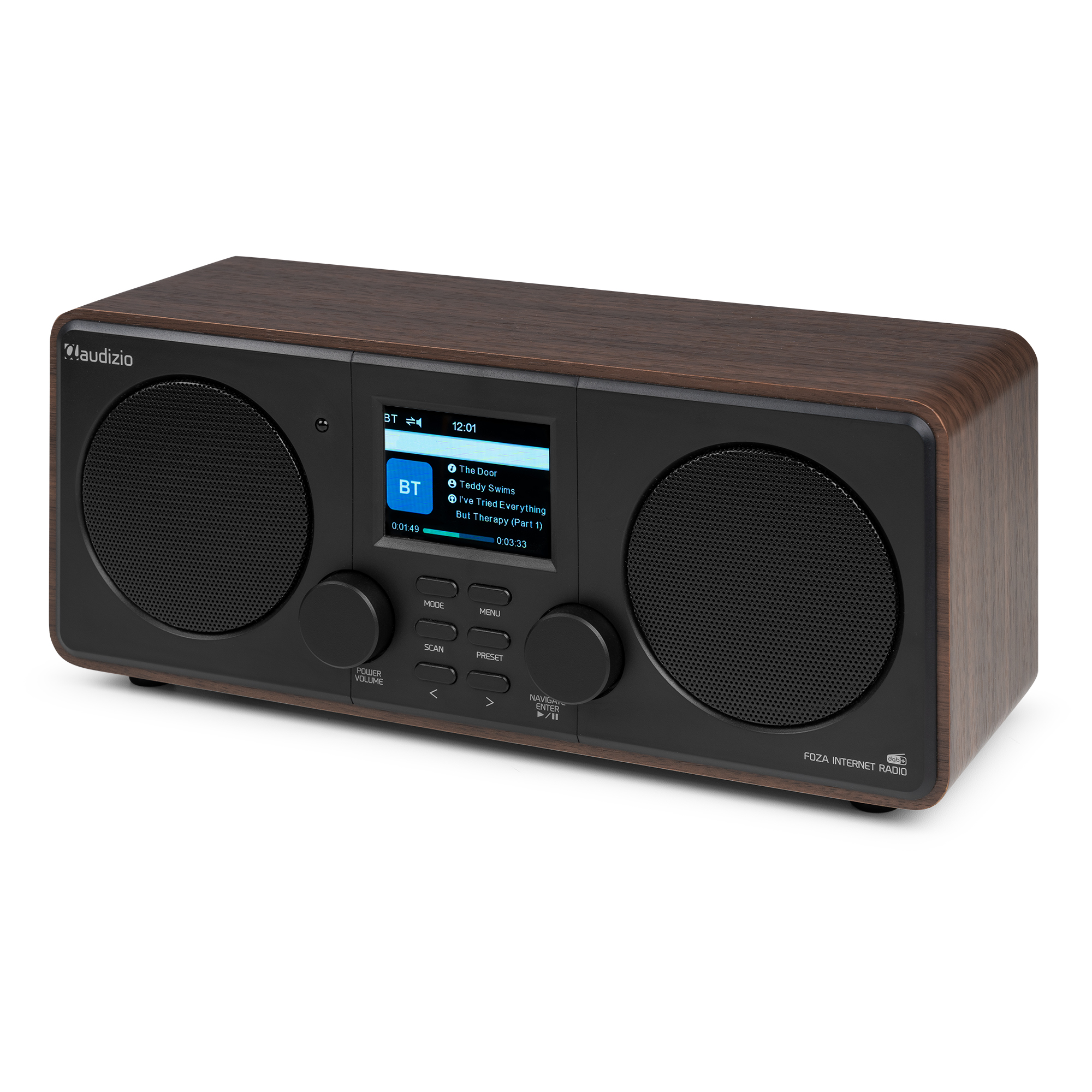 Una radio de madera con pantalla, botones y dos altavoces.