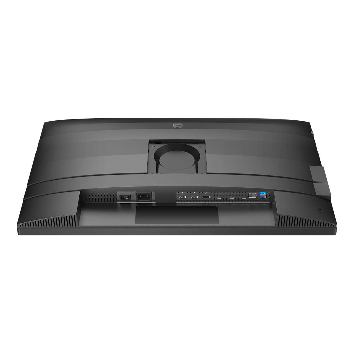 Tył czarnego monitora ze stojakiem i portami, z logo Philips.