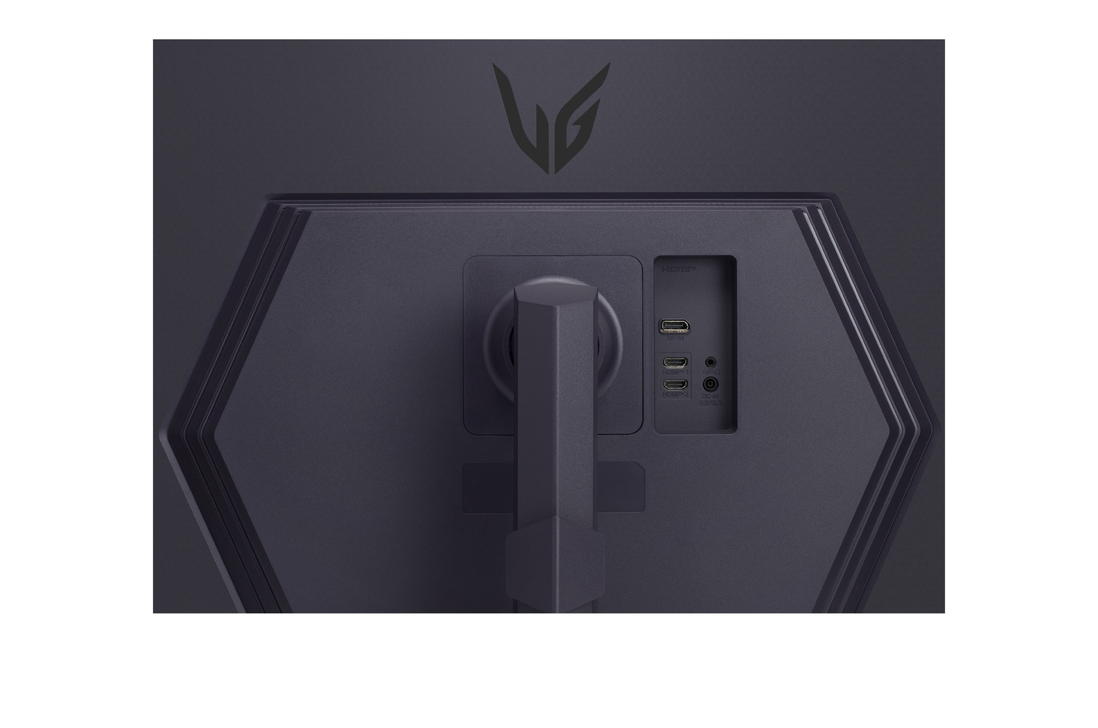 Tył ciemnego monitora komputera. Ma kilka portów i logo LG u góry. Na białym tle.