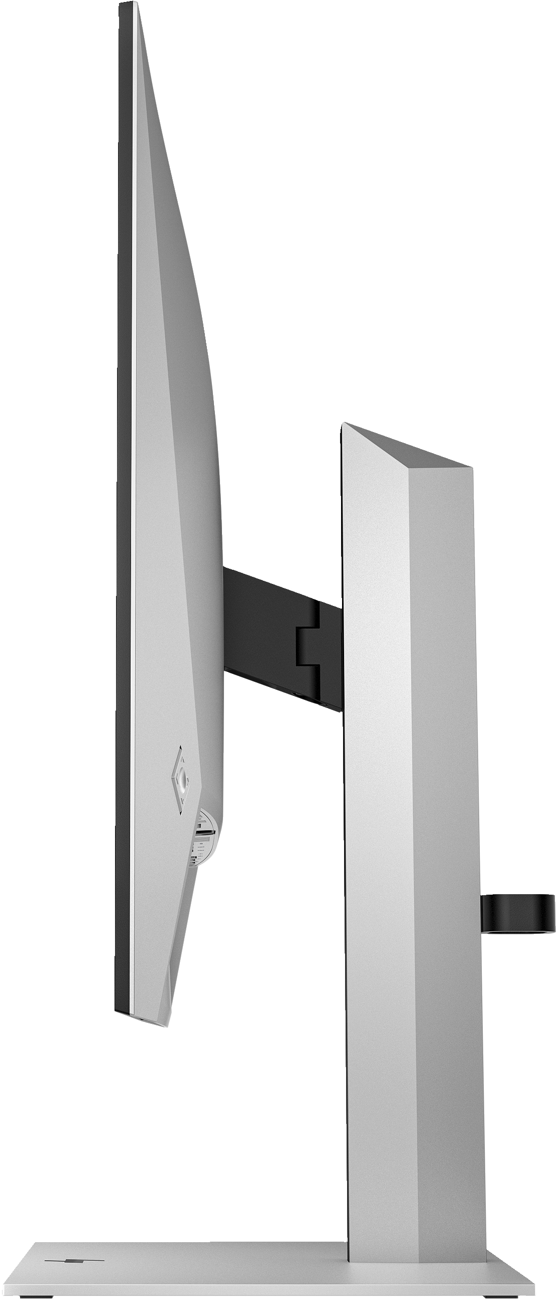 Widok z boku srebrnego monitora z czarną ramką, ukazujący jego smukły profil.